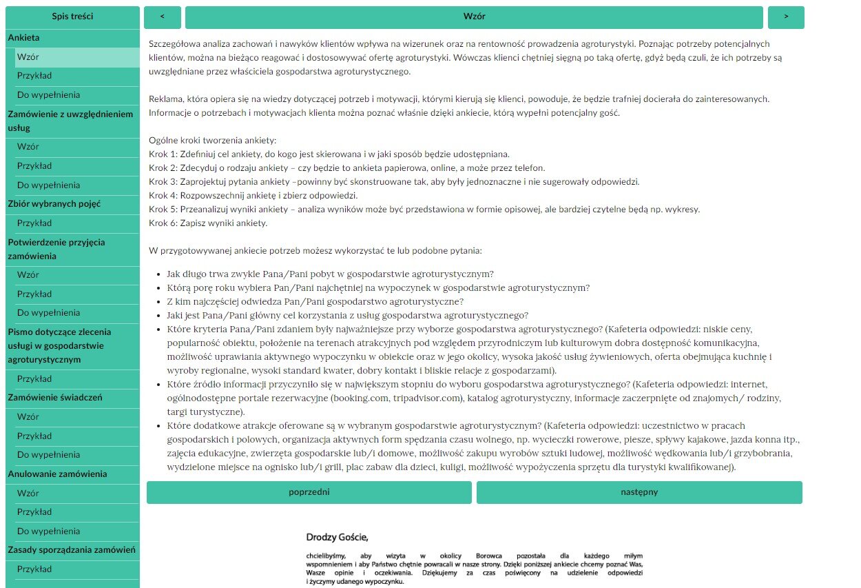 Grafika przedstawia widok dokumentacji interaktywnej zatytułowanej Zamówienie usług w agroturystyce, przedstawiający przykładowy dokument oraz opis do jego pól.