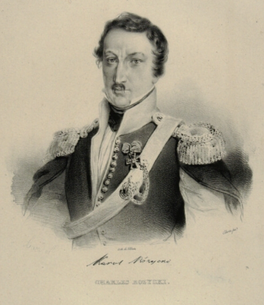 Ilustracja przedstawia portret mężczyzny w średnim wieku pozującego lewym półprofilem. Mężczyzna ma ciemne włosy z długimi bokobrodami. Ubrany jest w mundur z kołnierzem typu stójka, bogatozdobione naramienniki, na piersiach odznaczenia, przepasany na skos szarfą.