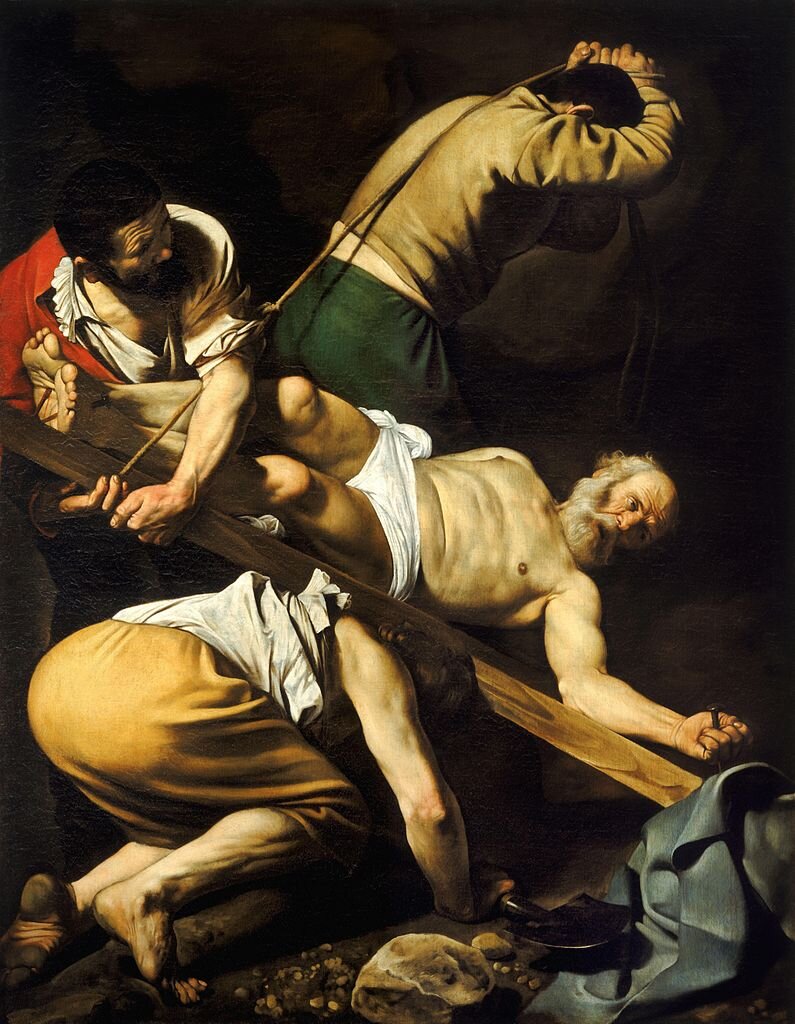 Ukrzyżowanie św. Piotra Źródło: Michelangelo Merisi da Caravaggio, Ukrzyżowanie św. Piotra, ok. 1600, olej na płótnie, Santa Maria del Popolo, Rzym, domena publiczna.