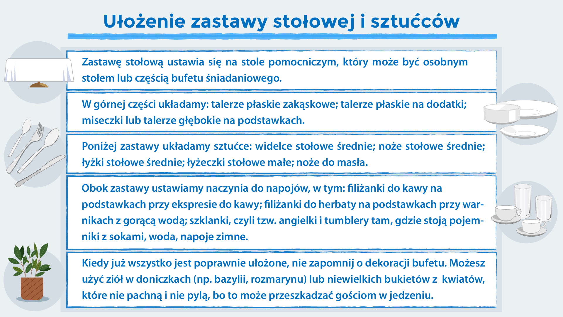 Grafika o tytule: Ułożenie zastawy stołowej i sztućców. Na grafice tekst: ,,Zastawę stołową ustawia się na stole pomocniczym, który może być osobnym stołem lub częścią bufetu śniadaniowego. W górnej części układamy: talerze płaskie zakąskowe; talerze płaskie na dodatki; miseczki lub talerze głębokie na podstawkach. Poniżej zastawy układamy sztućce: widelce stołowe średnie; noże stołowe średnie; łyżki stołowe średnie; łyżeczki stołowe małe; noże do masła. Obok zastawy ustawiamy naczynia do napojów, w tym: filiżanki do kawy na podstawkach przy ekspresie do kawy; filiżanki do herbaty na podstawkach przy warnikach z gorącą wodą; szklanki, czyli tzw. angielki i tumblery tam, gdzie stoją pojemniki z sokami, woda, napoje zimne. Kiedy już wszystko jest poprawnie ułożone, nie zapomnij o dekoracji bufetu. Możesz użyć ziół w doniczkach (np. bazylii, rozmarynu) lub niewielkich bukietów z  kwiatów, które nie pachną i nie pylą, bo to może przeszkadzać gościom w jedzeniu.'' Widoczne są również rysunki: stół nakryty białym obrusem, zestaw sztućców, kwiat w brązowej donicy, zastawa stołowa składająca się z dużego talerza, małego talerza oraz miski oraz zastawa składająca się z dwóch szklanek i dwóch filiżanek.