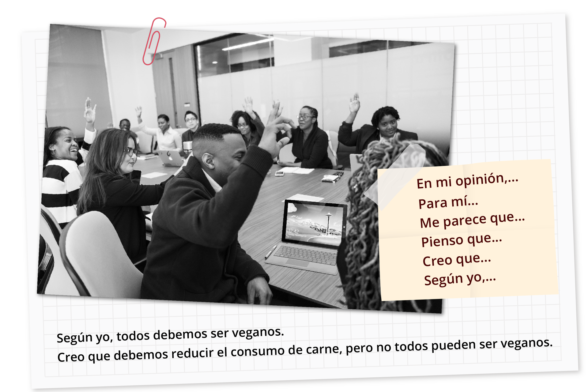 Grafika przedstawia ludzi w sali konferencyjnej. Wszyscy siedzą wokół stołu i podnoszą rękę. Obok zdjęcia znajduje się karteczka z wyrażeniami: En mi opinión. Para mí. Me parece que. Pienso que. Creo que. Según yo. Pod spodem dwa przykłady Pierwszy: Según yo, todos debemos ser veganos. Drugi: Creo que debemos reducir el consumo de carne, pero no todos pueden ser veganos.