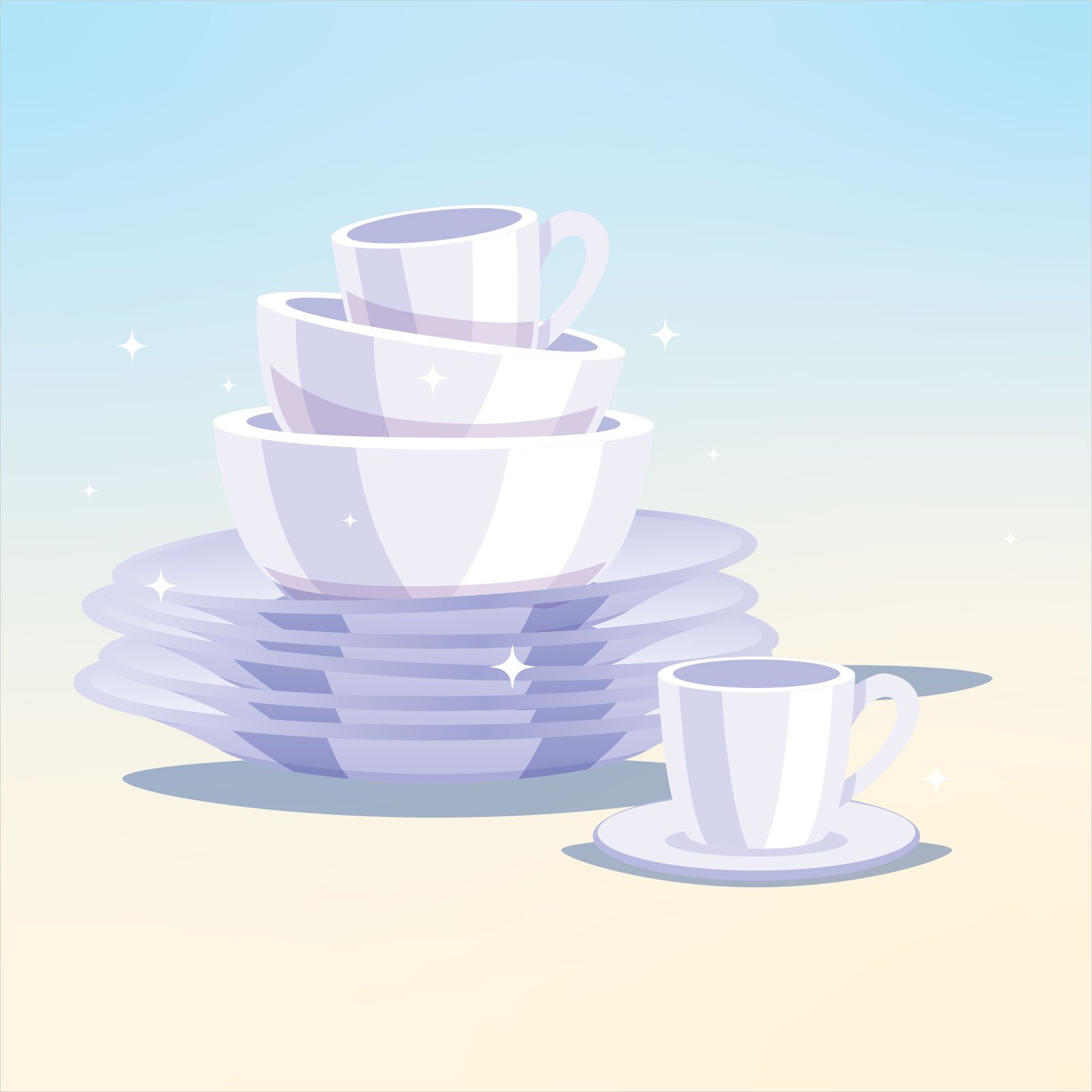 Ilustracja przedstawia stos czystych, lśniących naczyń. Widzimy talerze, miski, kubki oraz filiżankę na spodku. 