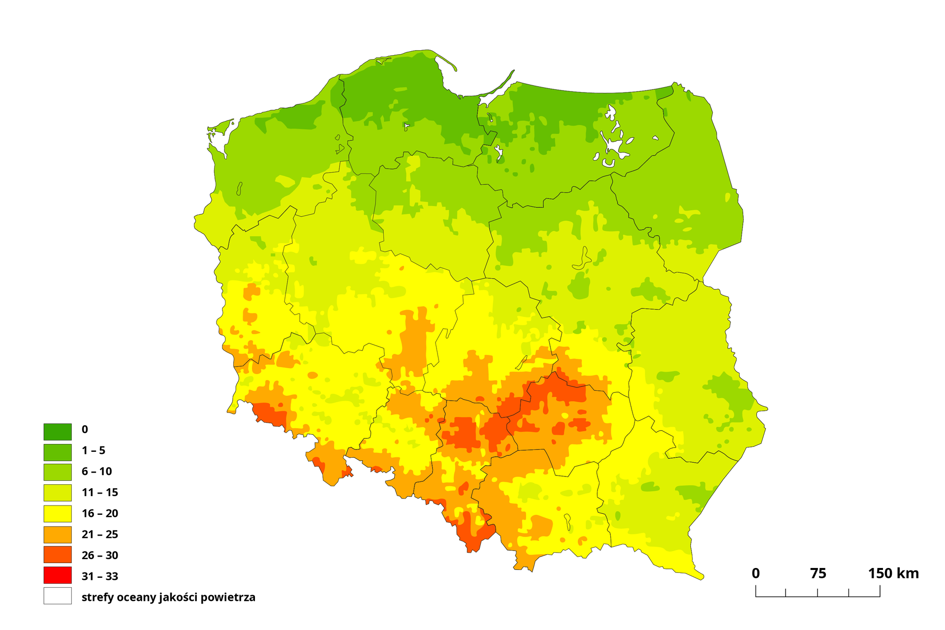 Mapa Polski przedstawia średnia liczbę dni z przekroczeniem normy ozonu troposferycznego. Od 26 do 30 wystąpiło w województwie dolnośląskim, śląskim, łódzkim i świętokrzyskim. Od 21 do 25 wystąpiło w województwie dolnośląskim, lubuskim, wielkopolskim, opolskim, śląskim, małopolskim, łódzkim i świętokrzyskim. Od 16 do 20 wystąpiło w województwie lubuskim, wielkopolskim, łódzkim, świętokrzyskim, podkarpackim, małopolskim, opolskim i dolnośląskim. Od 11 do 15 wystąpiło w województwie lubuskim, zachodniopomorskim, wielkopolskim, kujawsko pomorskim, mazowieckim, lubelskim, podkarpackim. Od 6 do 10 wystąpiło w województwie zachodniopomorskim, kujawsko pomorskim, pomorskim, warmińsko mazurskim, mazowieckim, podlaskim. Od 1 do 5 wystąpiło w województwie pomorskim i warmińsko mazurskim.