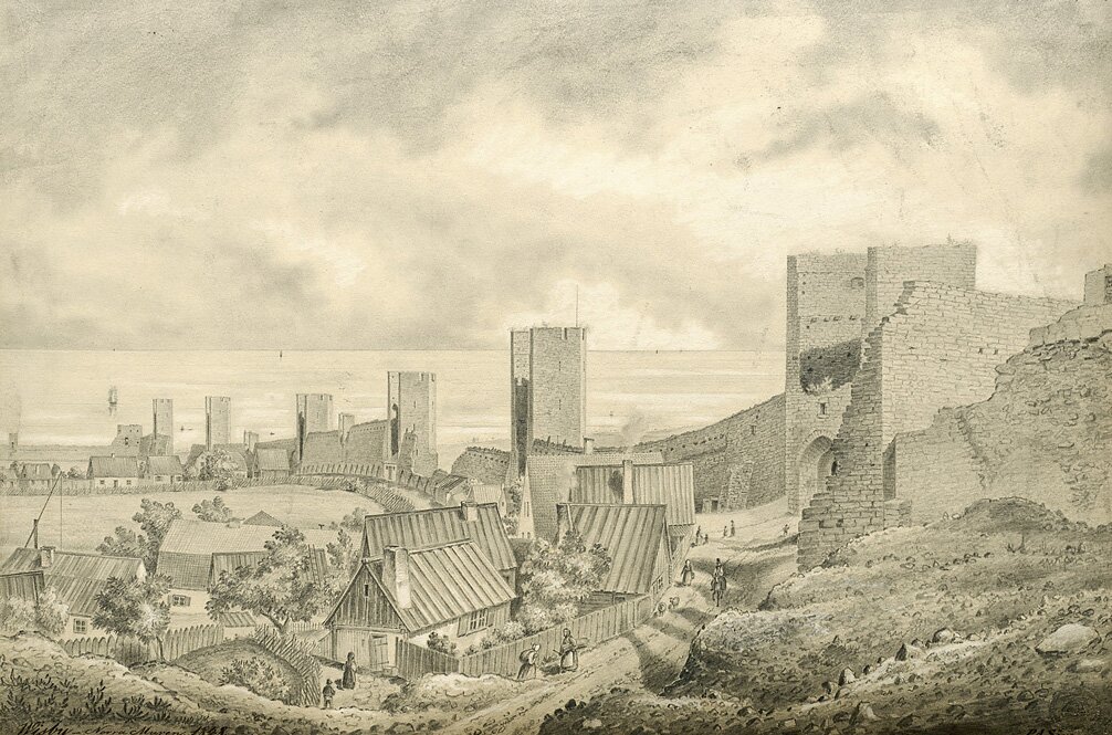 Rysunek przedstawiający mury hanzeatyckiego miasta w Szwecji położonego nad Morzem Bałtyckim, Visby, Gotland, Szwecja.