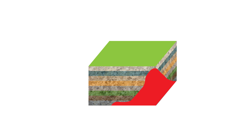 Na przekroju warstw ziemi pokazano wybrzuszoną formę sięgającą od dołu przekroju do górnych warstw ziemi.