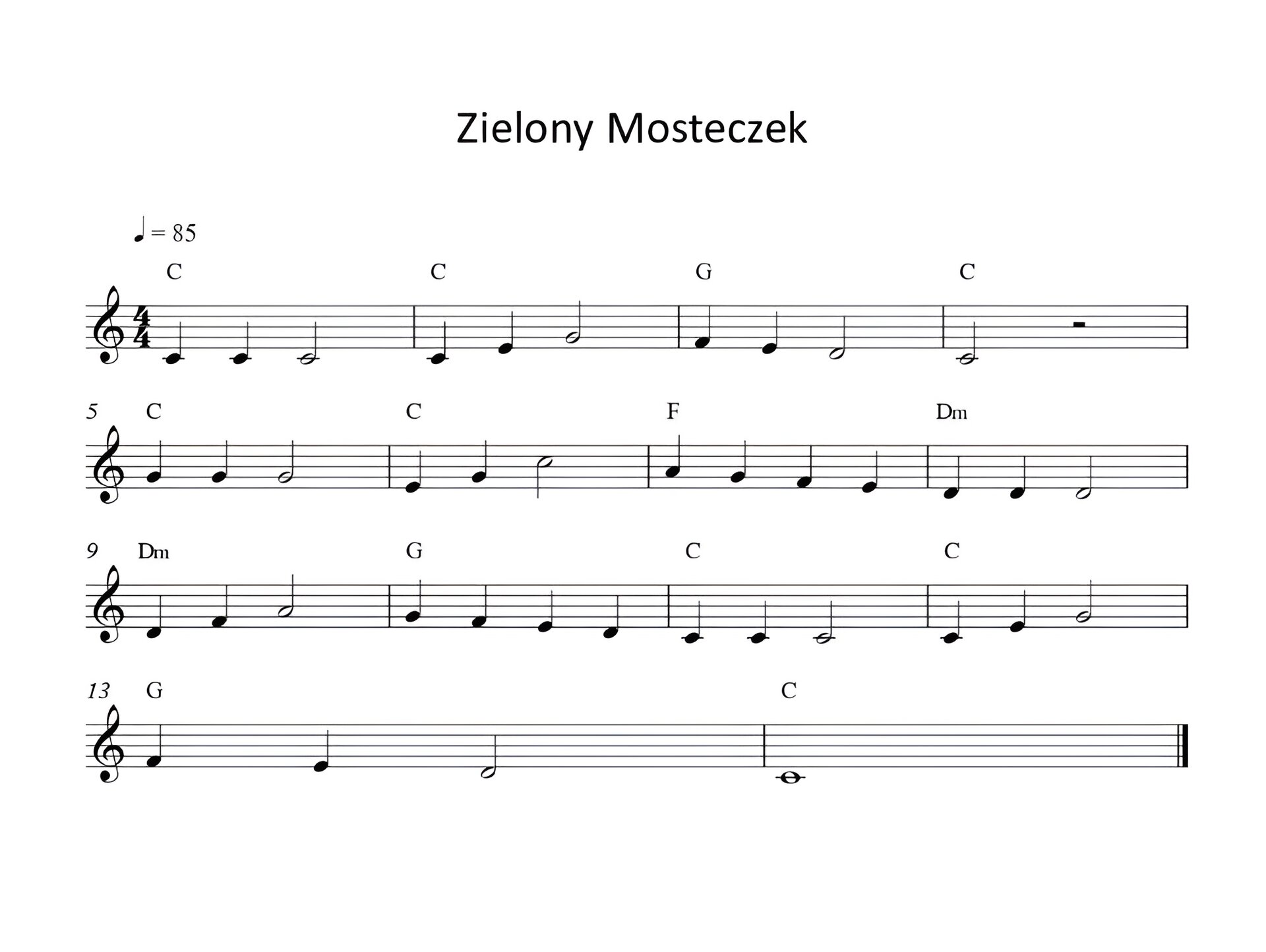 Grafika przedstawia partyturę utworu „Zielony Mosteczek”. Utwór jest napisany w metrum cztery czwarte, w tonacji C‑dur. Wszystkie dźwięki znajdują się w obrębie oktawy razkreślnej i są zapisane w kluczu wiolinowym. Tempo utworu to osiemdziesiąt pięć ćwierćnut na minutę. Cała partytura ma czternaście taktów. W pierwszym takcie utworu na pierwsze dwie miary zapisano dwie ćwierćnuty c, natomiast na miary trzecią oraz czwartą półnutę c. Nad taktem zapisano akord C‑dur. W takcie drugim na pierwszą miarę wykonywana jest ćwierćnuta c, na miarę drugą ćwierćnuta e, na trzecią oraz czwartą miarę śpiewana jest półnuta g. Nad taktem zapisano akord C‑dur. W takcie trzecim na pierwszą miarę zapisano ćwierćnutę f, na miarę drugą ćwierćnutę e, natomiast na miary trzecią oraz czwartą półnutę d. Nad taktem zapisano akord G‑dur. W czwartym takcie na pierwsze dwie miary wykonywana jest półnuta c, po której zaznaczono pauzę półnutową. Nad taktem zapisano akord C‑dur. W takcie piątym na pierwsze dwie miary zapisano po ćwierćnucie g, natomiast na miary trzecią oraz czwartą półnutę g. Nad taktem zapisano akord C‑dur. W szóstym takcie na pierwszą miarę śpiewana jest ćwierćnuta e, na miarę drugą ćwierćnuta g, natomiast na miary trzecią oraz czwartą półnuta c. Nad taktem zapisano akord C‑dur. W siódmym takcie na pierwszą miarę zapisano ćwierćnutę a, na miarę drugą ćwierćnutę g, na trzecią miarę ćwierćnutę f, a na miarę czwartą ćwierćnutę e. Nad taktem zapisano akord F‑dur. W ósmym takcie na pierwsze dwie miary wykonywane są dwie ćwierćnuty d, a na miary trzecią oraz czwartą półnuta d. Nad taktem zapisano akord d‑moll. W dziewiątym takcie na pierwszą miarę zapisano ćwierćnutę d, na miarę drugą ćwierćnutę f, a na miary trzecią oraz czwartą półnutę a. Nad taktem zapisano akord d‑moll. W takcie dziesiątym na pierwszą miarę wykonywana jest ćwierćnuta g, na miarę drugą ćwierćnuta f, na trzecią miarę ćwierćnuta e, a na miarę czwartą ćwierćnuta d. Nad taktem zapisano akord G‑dur. W takcie jedenastym na pierwsze dwie miary zapisano po ćwierćnucie c, a na miary trzecią oraz czwartą półnutę c. Nad taktem zapisano akord C‑dur. W dwunastym takcie na pierwszą miarę wykonywana jest ćwierćnuta c, na miarę drugą ćwierćnuta e, a na miary trzecią oraz czwartą półnuta g. Nad taktem zapisano akord C‑dur. W trzynastym takcie na pierwszą miarę zapisano ćwierćnutę f, na miarę drugą ćwierćnutę e, a na miary trzecią oraz czwartą półnutę d. Nad taktem zapisano akord G‑dur. W ostatnim, czternastym takcie wykonywana jest tylko cała nuta c. Nad taktem zapisano akord C‑dur.