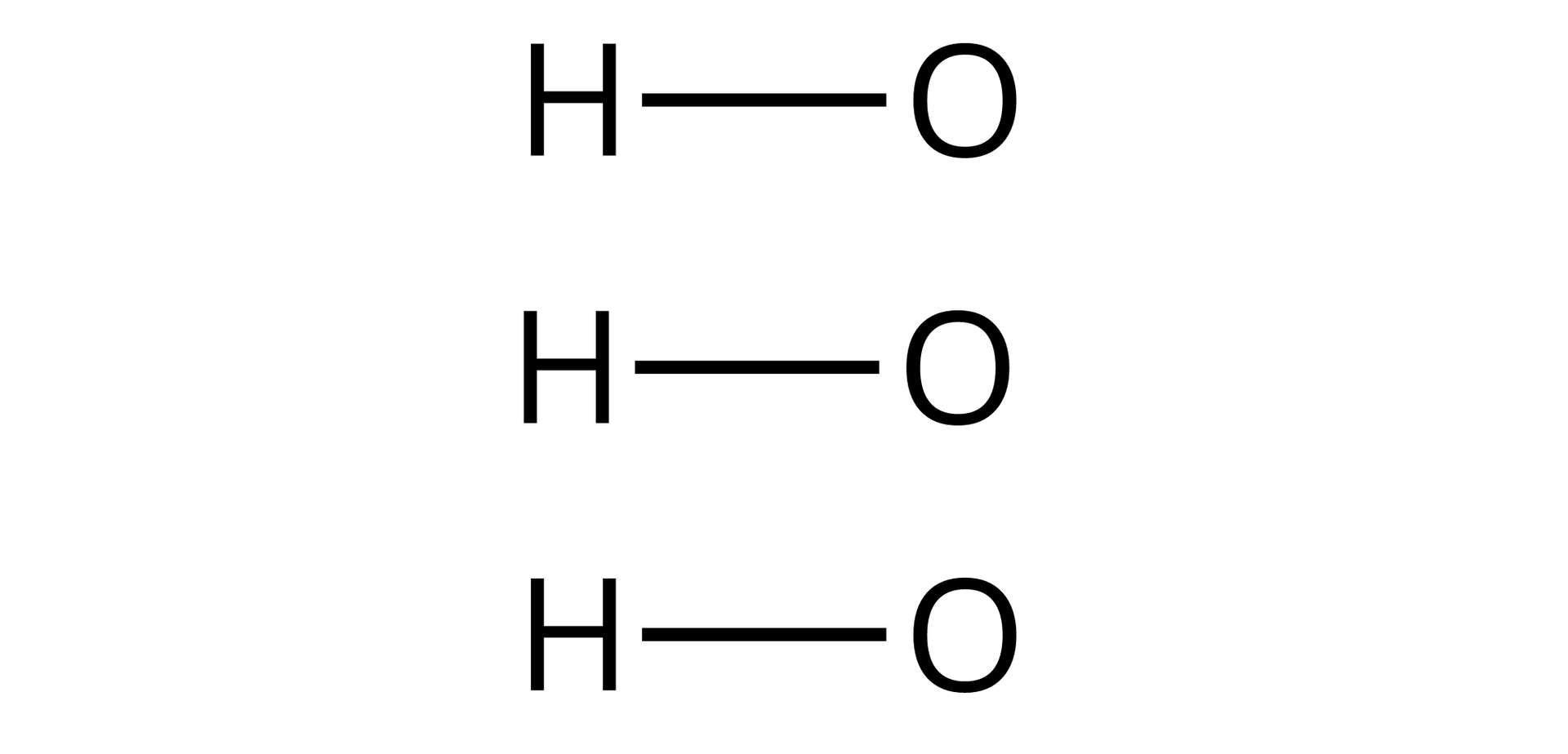 Ilustracja przedstawiająca trzy atomy wodoru. Od symbolu H każdego poprowadzono pojedynczą kreskę, to jest wiązanie, łączące go z atomem tlenu, w sumie trzy atomy wodoru i trzy atomy tlenu połączone pojedynczymi wiązaniami.