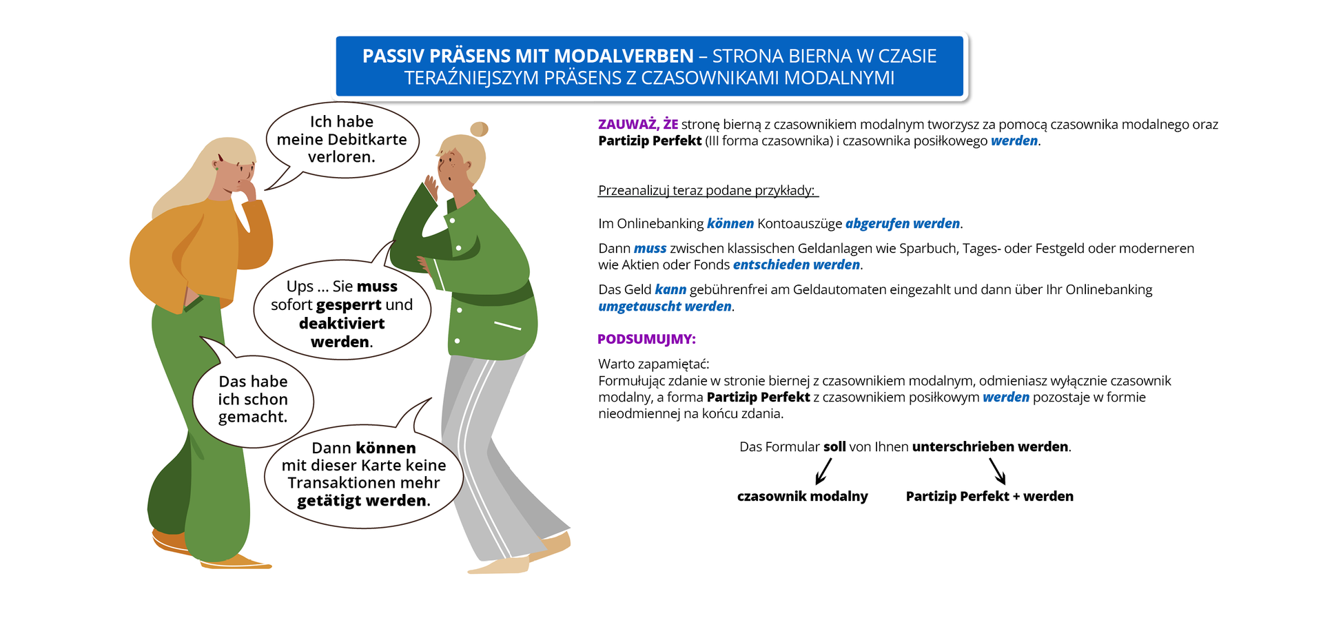 Ilustracja zawiera poradę językową i przedstawia rozmowę dwóch młodych kobiet. Zarówno treść rozmowy, jak i porada wyświetlają się w trybie dostępności.