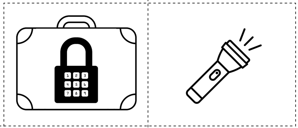 Obraz jest podzielony na dwie części przerywaną linią.
Po lewej stronie znajduje się walizka z dużą kłódką szyfrową umieszczoną na jej froncie.
Po prawej stronie narysowana jest latarka, z której wydobywają się linie sugerujące świecenie.