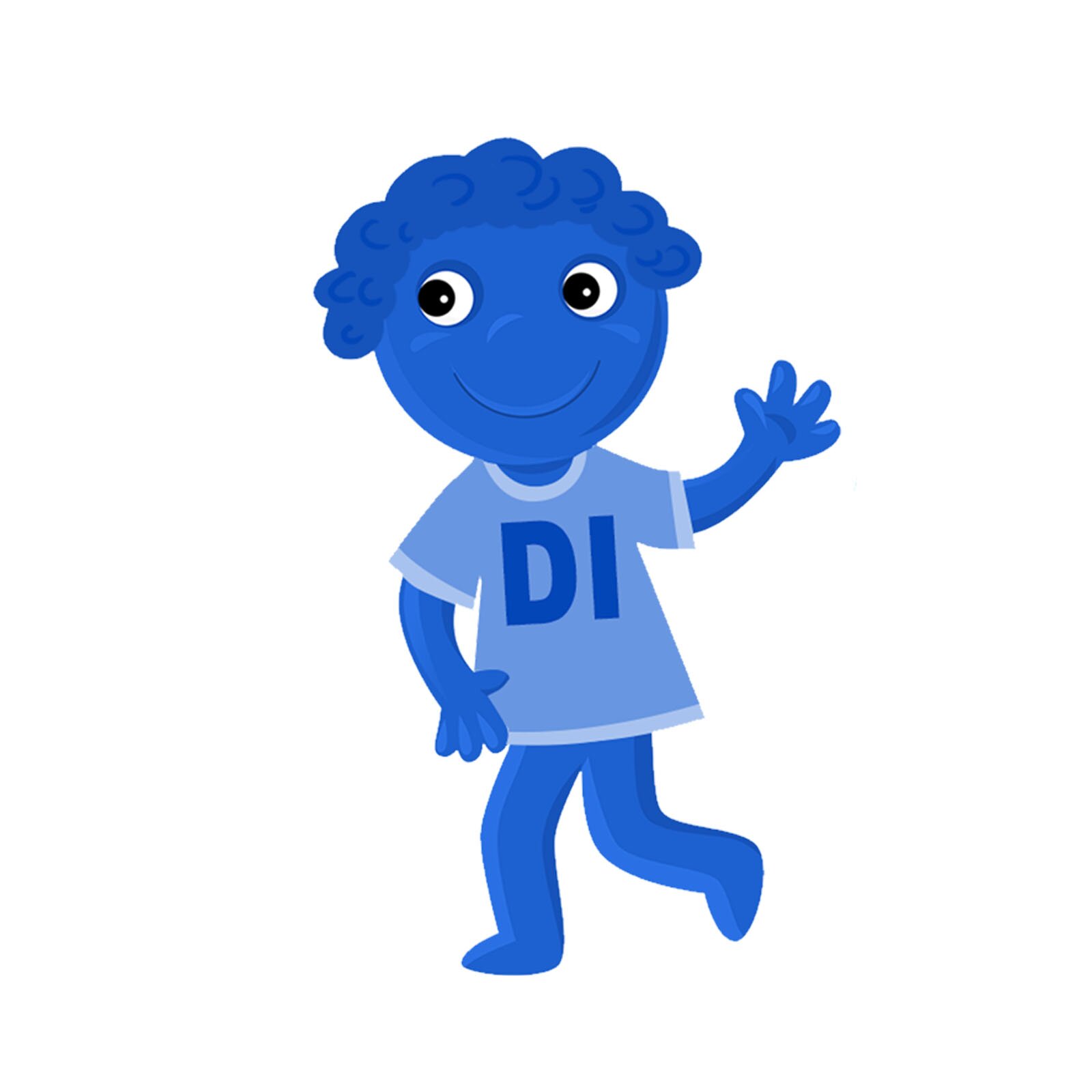 Ilustracja przedstawia niebieskiego ludzika w koszulce z napisem Di.