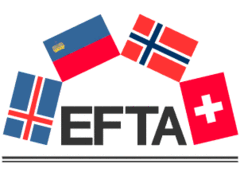 Zdjęcie przedstawia flagę. Składają się na nią cztery flagi: Islandii, Lichtensteinu, Norwegii i Szwajcarii, ułożone półkoliście nad nazwą EFTA.