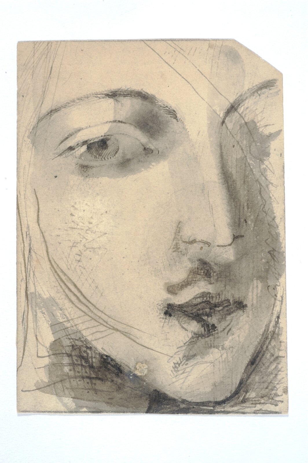 Obraz przedstawia fragment kobiecej twarzy. To twarz młodej kobiety. Widać wyraźnie zarysowane oko i nos.