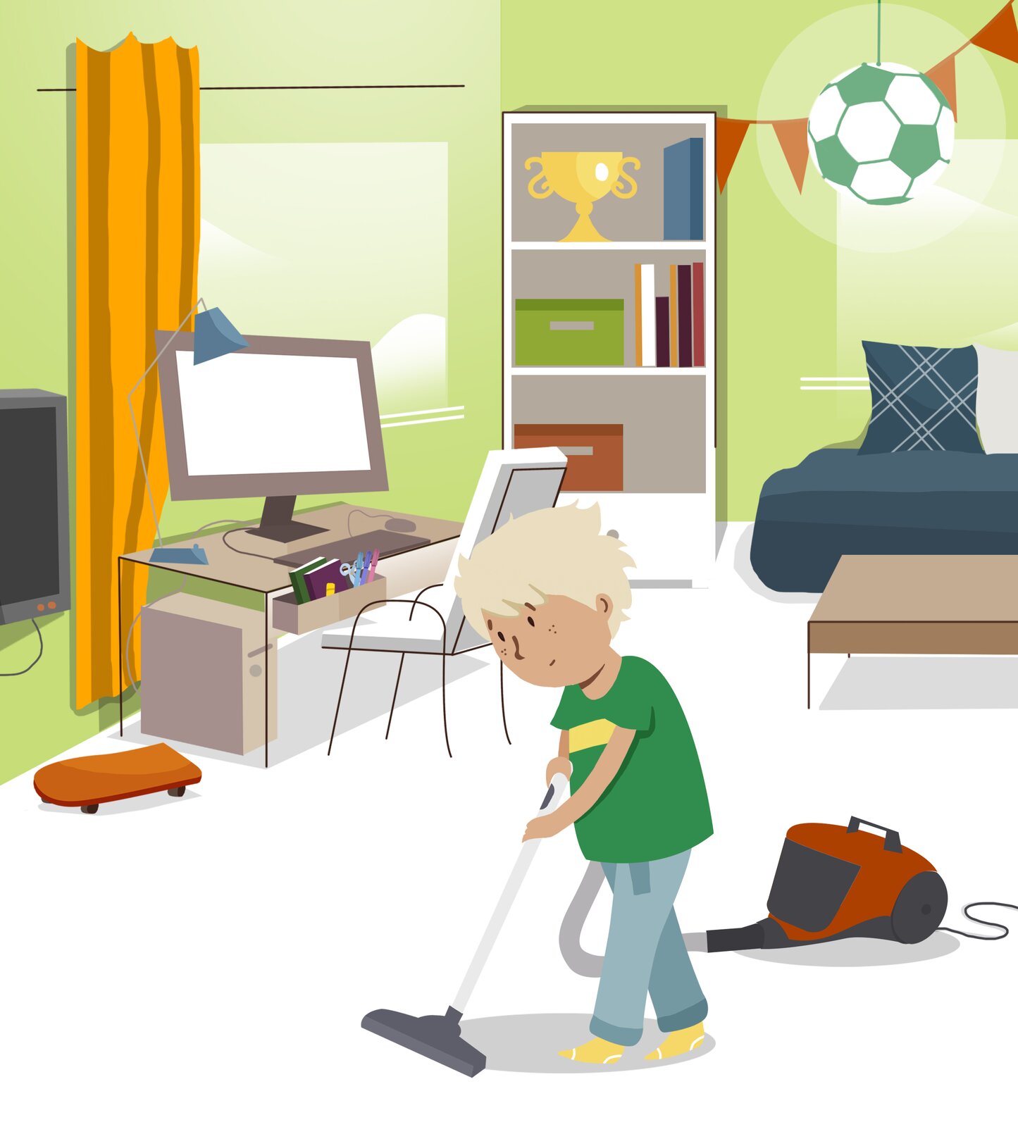  Ilustracja przedstawia chłopca w jasnych włosach, który odkurza swój pokój. W tle widoczny jest wystrój pokoju: biurko z komputerem i przyborami szkolnymi. Obok biurka na podłodze leży deskorolka. Na środkowej ścianie znajduje się regał z książkami, pudełkami i pucharem. Na prawo od regału stoi łóżko, nad którym znajduje się żyrandol w kształcie piłki nożnej. 