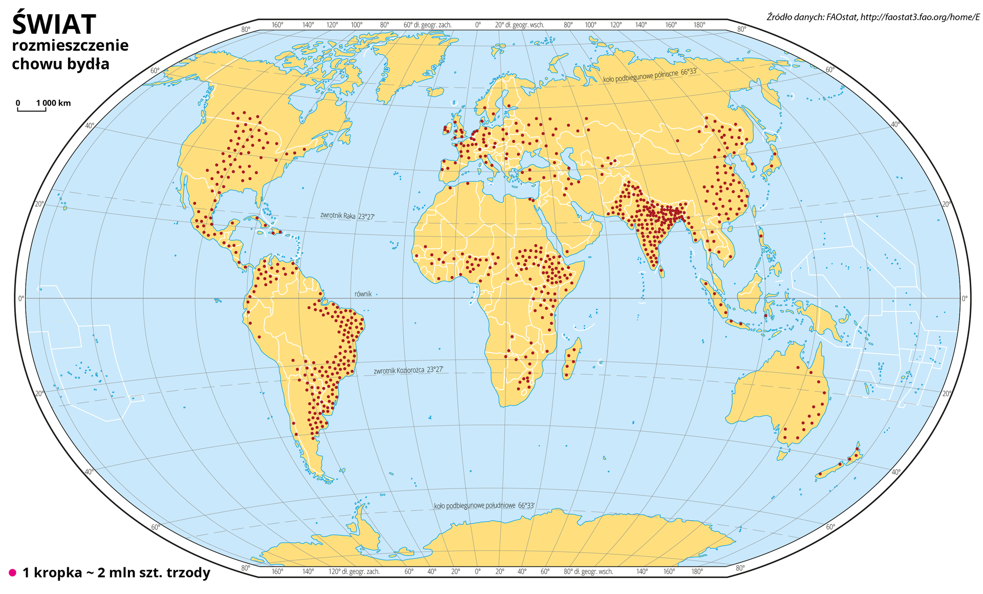Ilustracja przedstawia mapę świata. Wody zaznaczono kolorem niebieskim. Na mapie za pomocą czerwonych kropek przedstawiono rozprzestrzenienie chowu bydła. Jedna kropka oznacza dwa miliony sztuk bydła. Największe zagęszczenie kropek jest w Indiach, Pakistanie i we wschodniej części Ameryki Południowej (wschodnia część Brazylii, Paragwaj, Urugwaj, wschodnia część Argentyny), nieco mniejsze zagęszczenie kropek jest w centralnej Ameryce Północnej, w Ameryce Środkowej, Europie, w Afryce w pasie od południa Sahary równoległym do równika (największe zagęszczenie w Etiopii), na wschodzie Chin i wzdłuż wschodniego wybrzeża Australii. Mapa pokryta jest równoleżnikami i południkami, które opisano w białej ramce dookoła mapy co dwadzieścia stopni. Po lewej stronie mapy objaśniono znak kropki użyty na mapie.