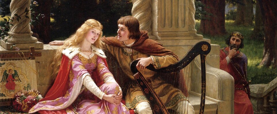 Obraz przedstawia młodą kobietę i młodego mężczyznę siedzących na kamiennej ławce na tarasie. Kobieta siedzi po lewej stronie, mężczyzna po prawej. Młodzieniec lewą rękę opiera na harfie, prawą na kamiennym murku, znajdującym się za plecami siedzącej kobiety. Nachyla się w jej kierunku i patrzy na nią z miłością. Kobieta ma długie, jasne włosy i długą suknię ze z złotymi motywami kwietnymi. Na ramiona ma narzuconą królewską pelerynę z kołnierzem z futra gronostaja. Lewą nogę ma lekko podniesioną, gdyż dwoma rękami złapała ją pod kolanem, splatając na nim obie dłonie. W prawym górnym rogu znajduje się brodaty, około piędziesięcioletni mężczyzna w koronie na głowie, z mieczem u boku. Patrzy zatroskany i zdziwiony na parę. Prawą ręką trzyma się za brodę. W tle drzewa.      