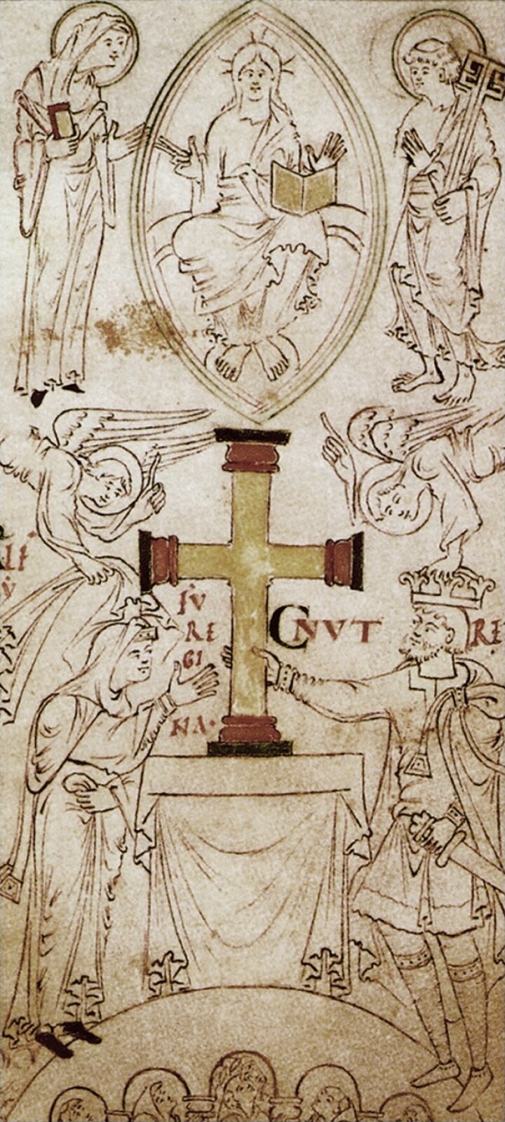 Ilustracja przedstawia liczne postacie świętych, władcę i anioły zgromadzone wokół złotego krzyża stojącego na ołtarzu. 