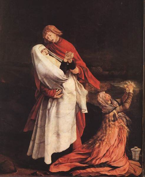 Obraz przedstawia kobietę w białej, długiej szacie, którą podtrzymuje w pasie młody mężczyzna. Kobieta ma zamknięte oczy. Wznosi ku górze głowę i dłonie złączone w modlitwie. Przed kobietą znajduje się mała, klęcząca dziewczynka. Wznosi głowę i złączone w modlitwie dłonie ku niebu.