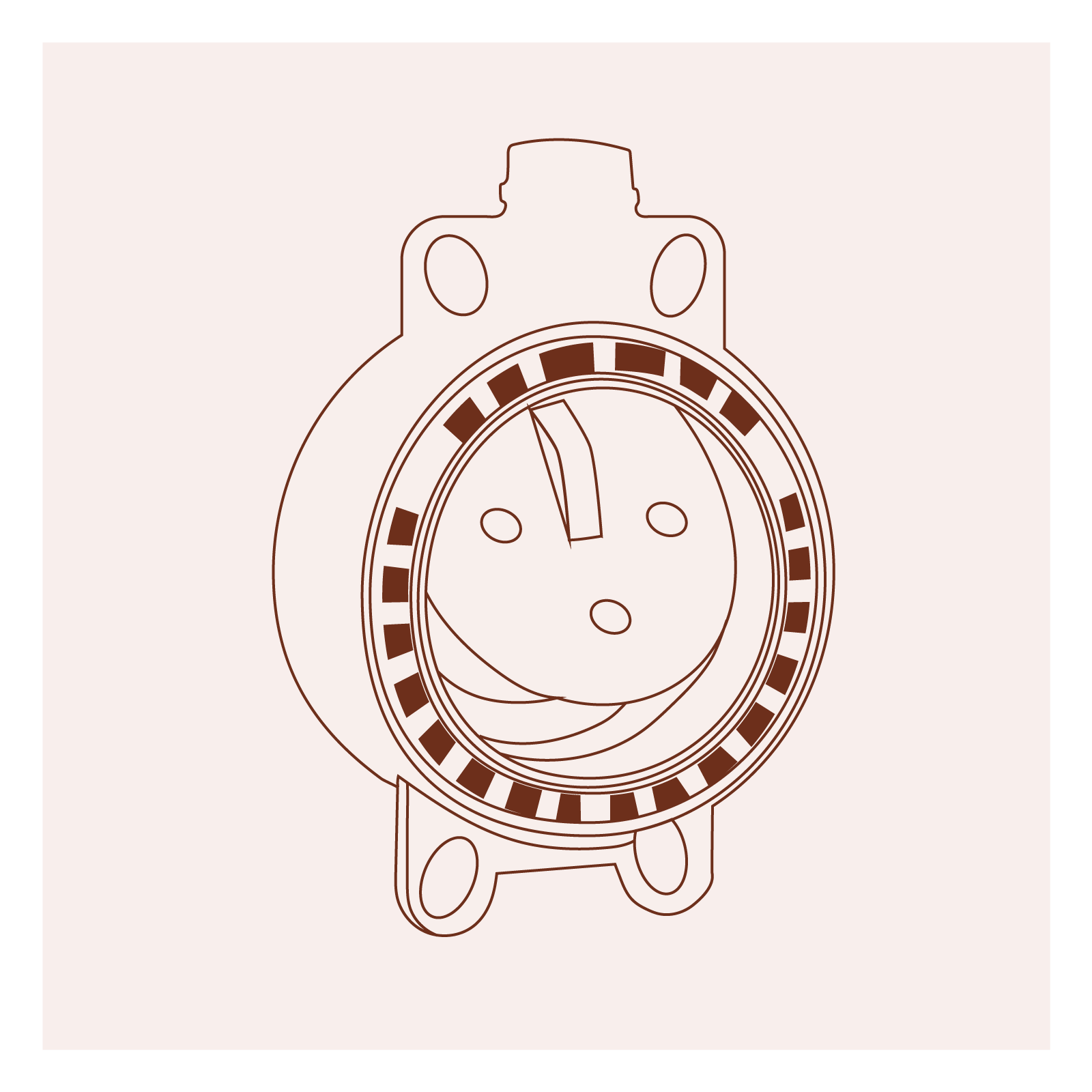 Grafika przedstawia klapę zwrotną. Widoczny jest okrągły przedmiot z okrągłym otworem na przodzie, wokół którego widoczne są małe kwadraciki. Powyżej i poniżej otworu wypustki. Na każdej dwa owalne otwory.
Opisy obiektów prezentowanych na grafikach są załączone w treści atlasu.