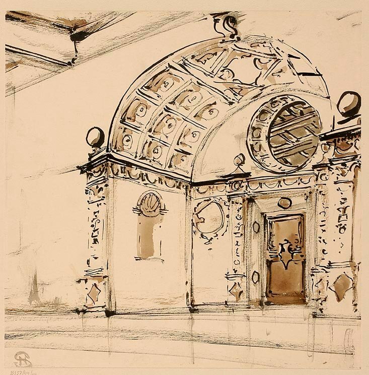 Ilustracja ukazuje szkic portalu. Jest on bogato zdobiony. Podparty jest o kolumny. Nad drzwiami znajduje się zdobiona, okrągła wnęka.