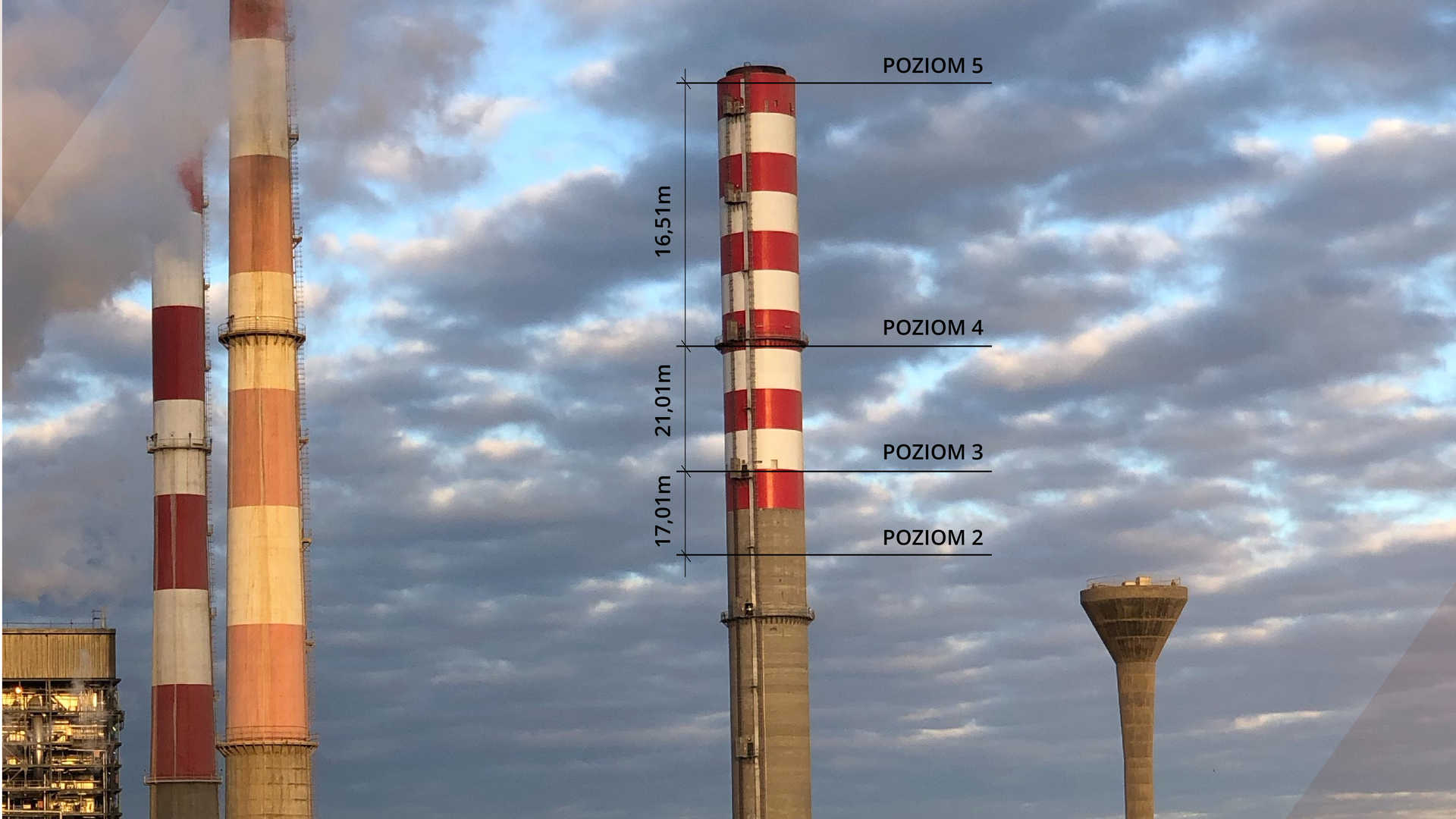 Zdjęcie przedstawia przykład rozmieszczenia poziomów obserwacyjnych. Widoczne są trzy wysokie kominy pomalowane w poziome biało‑czerwone pasy. Na kominie pośrodku zaznaczono, po prawej stronie, poziome linie podpisane jako Poziom 2, Poziom 3, Poziom 4 i Poziom 5. Po lewej stronie w formie pionowych odcinku widoczne są podpisy, między poziomem 2 i 3 - 17,01 m; między poziomem 3 i 4 - 21,01 m; między poziomem 4 i 5 - 16,51m.

Opis prezentowanych na zdjęciu obrazów jest załączony w treści e‑booka.