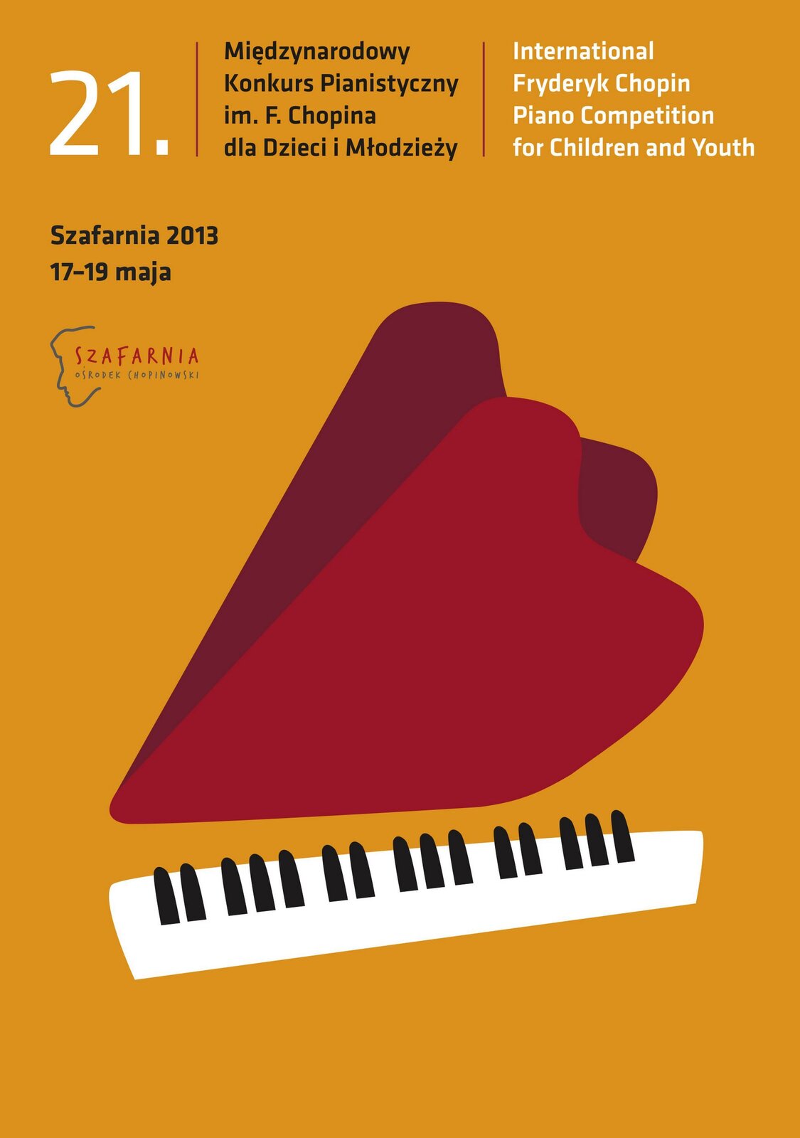 Ilustracja przedstawia plakat dwudziestego pierwszego Międzynarodowego Konkursu Pianistycznego. Na górze znajduje się informacja o konkursie i jego terminie. Poniżej zamieszczono graficzny motyw, nawiązujący do fortepianu. Składa się on z dwóch elementów: klawiatury u dołu i dwu serc, będących klapą fortepianu.