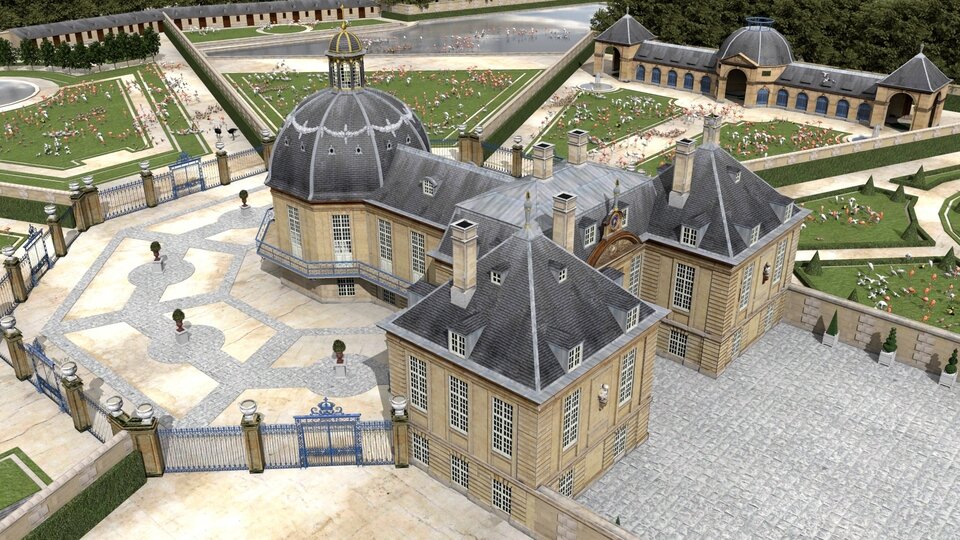 Trójwymiarowa rekonstrukcja menażerii w Wersalu. W centrum znajduje się pawilon z kopułą otoczony dziedzińcem i ogrodzeniem, a wokół rozmieszczone są wybiegi z różnymi zwierzętami. Całość ma symetryczny układ ogrodów, budynków i alejek.