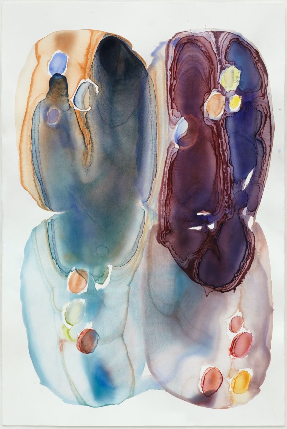 Obraz przedstawia zbiór plam zgrupowanych w dwa podłużne zespoły, stykające się ze sobą, znajdujące się na białym tle. Praca wykonana jest techniką akwareli, składa się z okrągłych i owalnych kolorowych plam, o różnym stopniu intensywności. Obraz jest dynamiczny, wielowymiarowy, a kolory przenikają się wzajemnie. W lewej części obrazu dominuje kolor niebieski, który najciemniejszy jest na górze. Niektóre plamy zawierają dużo pigmentu, inne są rozbielone, jakby dodano wody i przechylono kartkę. Krawędzie są miękkie i okrągłe, nie ma ostrych linii. W górnej i dolnej części lewego zespołu umieszczono kilka kolorowych, owalnych plamek z białymi obwódkami, a na górze – pomarańczowe, rozmyte smugi o ciemniejszym konturze. W prawej części obrazu przeważa kolor fioletowy, który łączy się z niebieskim i bordowym. Plamy są podłużne, owalne, przenikają się i łączą się ze sobą. Ich kontury są ciemniejsze, a w środku pigment jest trochę jaśniejszy, jakby rozbielony. W tej części również znajduje się kilka kolorowych owalnych kształtów z białą otoczką – cztery na górze i cztery na dole.