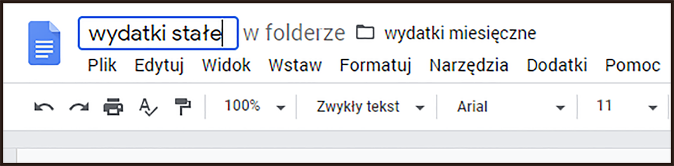 Ilustracja przedstawiająca zmianę nazwy dokumentu w aplikacji Dokumenty Google. W pole w lewym górnym rogu wpisano wydatki stałe. 