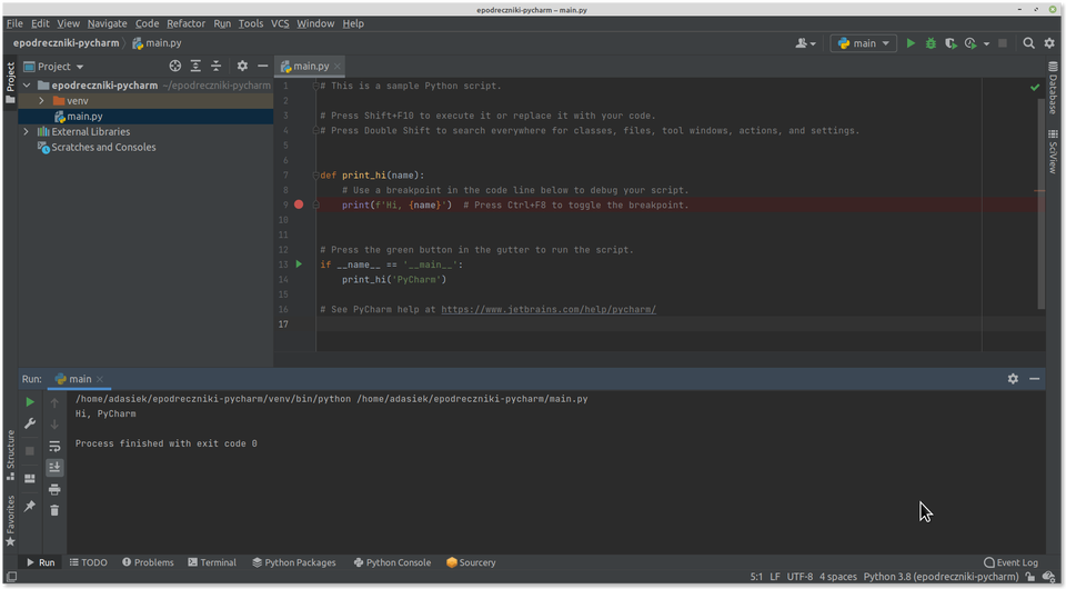 Zrzut ekranu edytora PyCharm z kodem i komentarzami w języku Python. Kod zawarty w oknie: def print_hi(name): print(f'Hi, {name}' if __name__ == '__main__': print_hi('PyCharm') . Poniżej okno z wykonanym programem. W oknie tekst: Hi, PyCharm. Pod spodem tekst: Proccess finished with exit code 0.