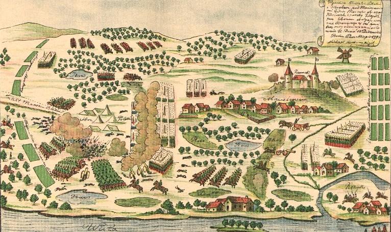 Na obrazie bitwa z lotu ptaka. Na dole widoczny brzeg oraz zabudowania. W dolnym lewym rogu nacierają żołnierze na koniach na ustawione rzędy wojsk. Po środku są namioty. Na górze kolejne wojska. W prawym górnym rogu zamek, a także nieczytelne napisy.