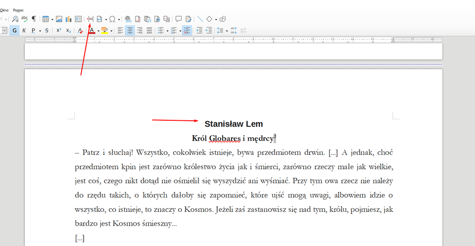 Zrzut ekranu z programu LibreOffice Writer. Wybrano ikonkę symbolizującą podział strony. W obszarze roboczym jest strona z tekstem, która w pierwszym wierszu ma imię i nazwisko, w drugim tytuł, a dalej akapit z tekstem. Czerwona strzałka wskazuje na pierwszy wiersz akapitu.