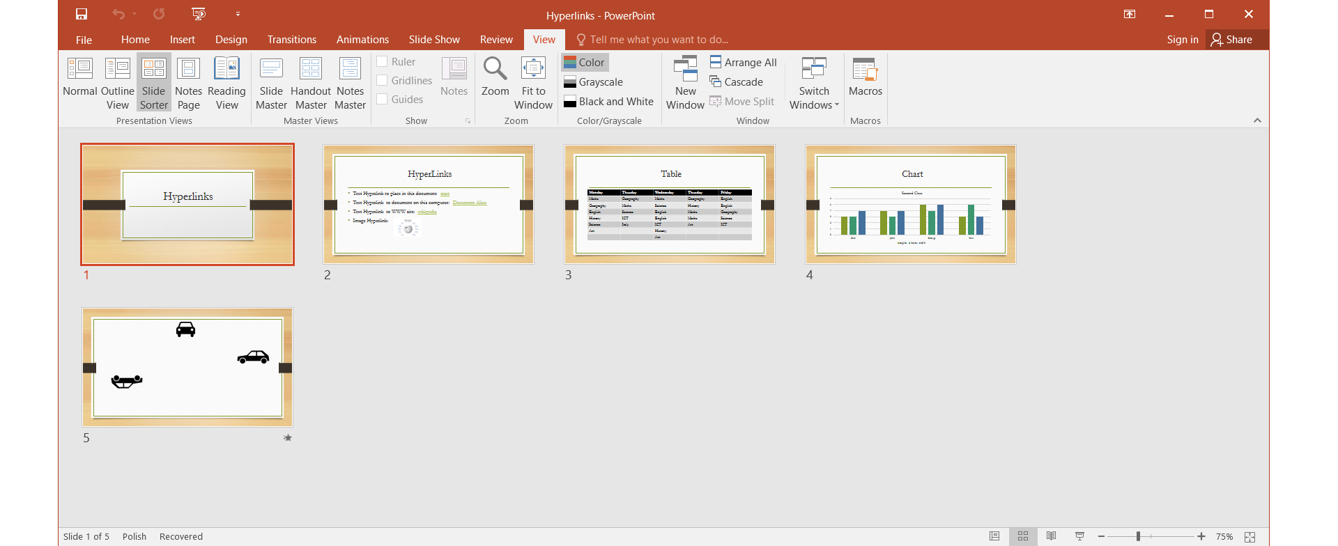 Ilustracja przedstawia widok sortowania slajdów w programie do tworzenia prezentacji MS PowerPoint.