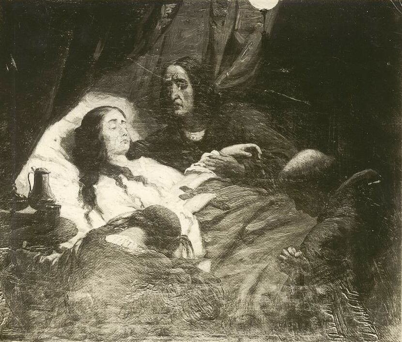 Obraz przedstawia scenę opłakiwania przez męża śmierci swojej żony. Kobieta leży na łożu, pod głową ma wysoko uniesione białe poduszki, przykryta jest narzutką. Widać jej twarz i klatkę piersiową. Ubrana jest w białą koszulę. Włosy ma ciemne, kręcone, długie. Są rozpuszczone i spływają swobodnie na ramiona. Kobieta ma bladą twarz i zamknięte oczy. Tuż przy łóżku siedzą trzy osoby. Tyłem do widza z nachyloną głową siedzi kobieta, która ukrywa twarz w dłoniach. W nogach łóżka pochylony w modlitwie duchowny, u wezgłowia siedzi mężczyzna trzymając zmarłą za lewą rękę. Mężczyzna ma ciemne włosy sięgające brody, długi, prosty nos, zmarszczone czoło i ból wypisany na twarzy.