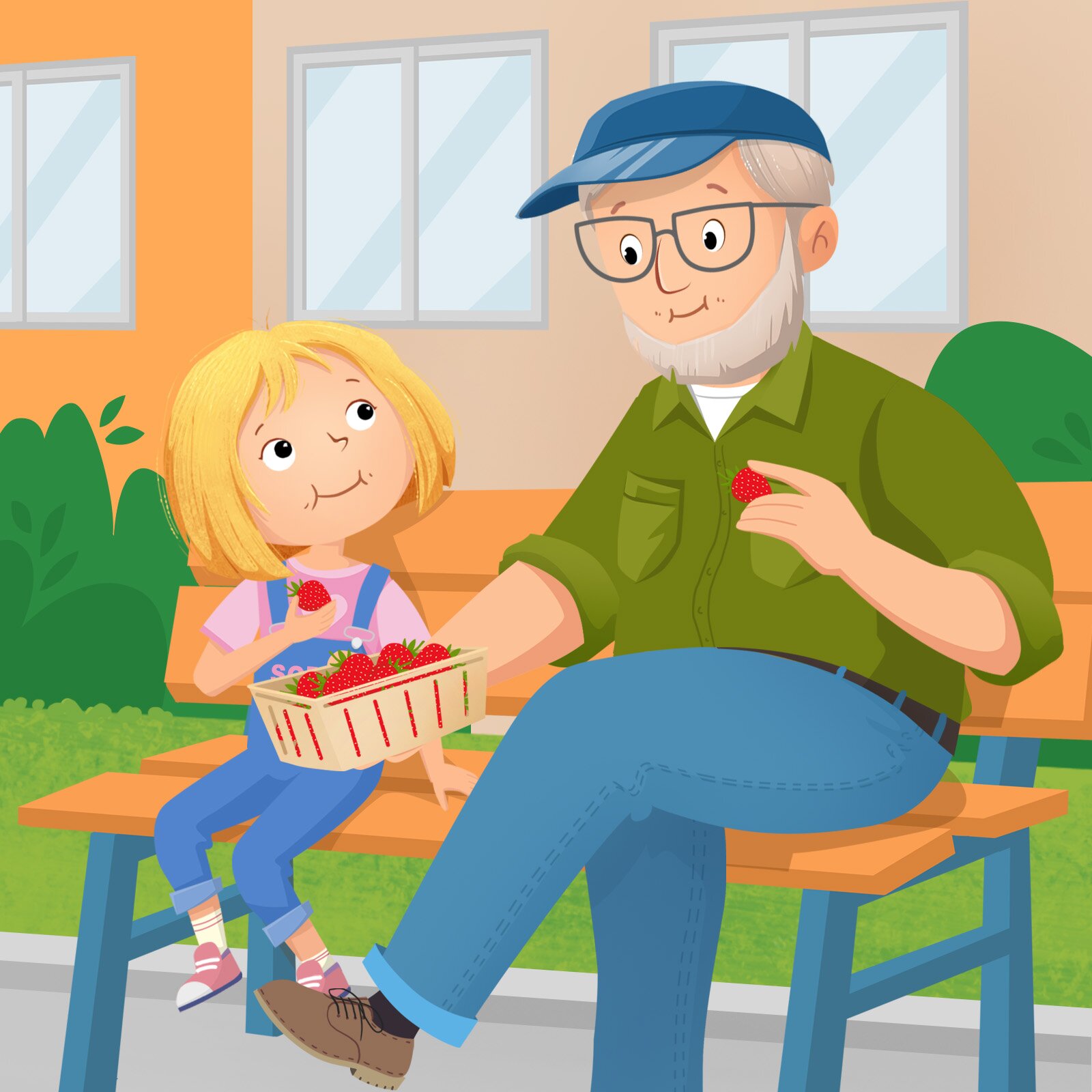 Ilustracja :  Sophie i pan   Abenteuer siedzą na ławce i jedzą truskawki.