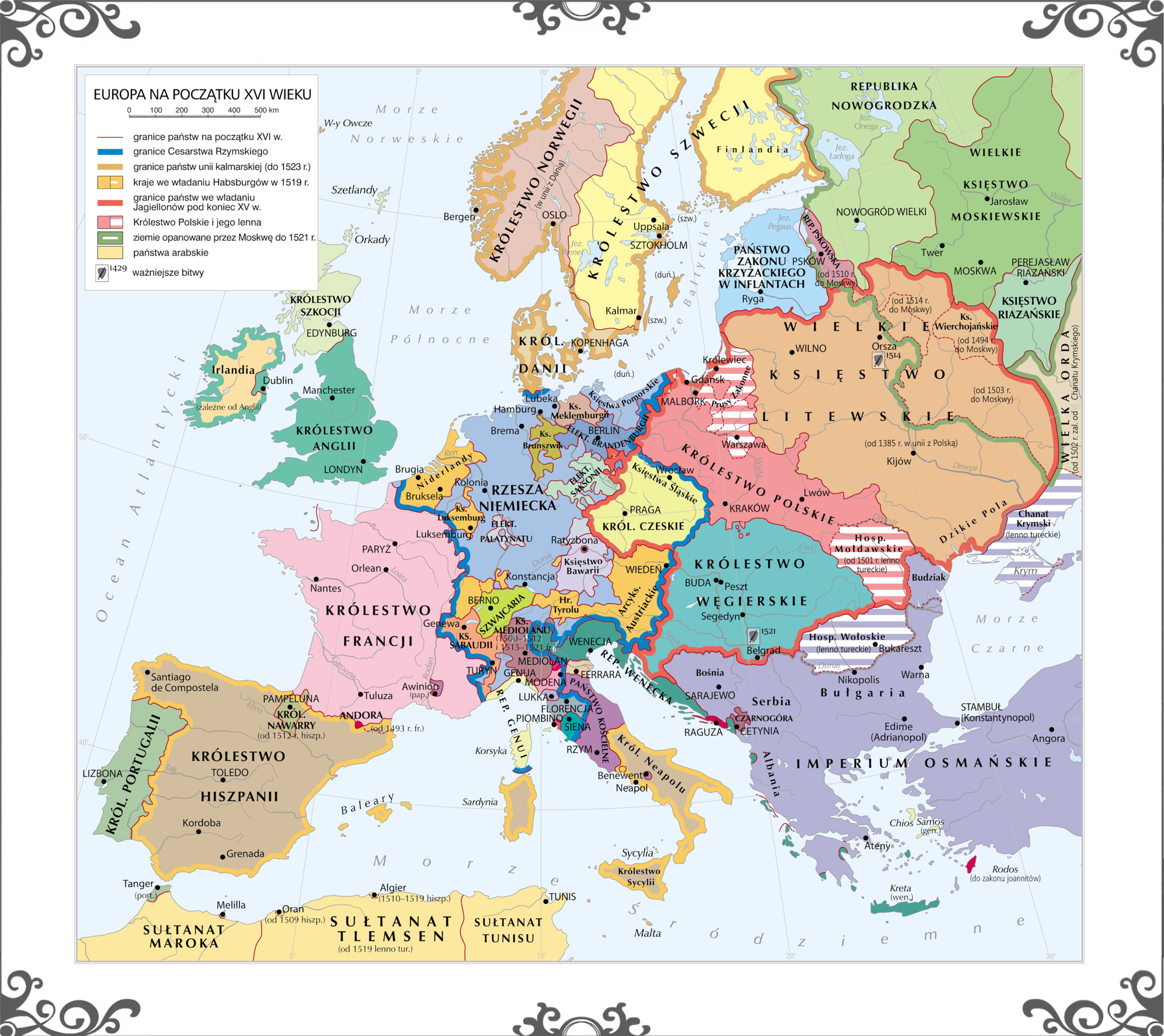 Na slajdzie przedstawiono mapę Europy na początku 16 wieku. Zaznaczono granice Cesarstwa Rzymskiego obejmującego w tamtym czasie zachodnią Europę. Zachodnią granicą Cesarstwa Rzymskiego była granica z Francją, na wschodzie natomiast z Królestwem Polskim i Królestwem Węgierskim. Na południu docierała do połowy Półwyspu Apenińskiego (bez Wenecji). Granice państw unii kalmarskiej (do 1523 roku) obejmowały Finlandię, Królestwo Szwecji, Norwegii i Danii oraz Królestwo Hiszpanii, Królestwo Neapolu, Królestwo Sycylii oraz Sardynie. Kraje we władaniu Habsburgów w 1519 roku to Niderlandy, Księstwo Luksemburg, Hrabstwo Tyrolu, Arcyksięstwo Austriackie i niewielki obszar na północy od Szwajcarii.  Granice państw we władaniu Jagiellonów pod koniec 15 wieku obejmowały Królestwo Polskie (podłużny pas od Gdańska, malborka, przez Kraków, aż na południe od Lwowa). Lenna Polski to Prusy Zakonne z Królewcem i Warszawą, Hospodarstwo Mołdawskie (od 1501 roku lenno tureckie). W granicach państw we władaniu Jagiellonów pod koniec 15 wieku oprócz wyżej wymienionych znajdowało się Księstwo Śląskie z Wrocławiem, Królestwo Czeskie z Pragą, Królestwo Węgierskie z Budą, Pesztem i Segedynem oraz Belgradem, a także Wielkie Księstwo Litewskie z Wilnem i Kijowem oraz Dzikimi Polami. Ziemie opanowane przez Moskwę do 1521 roku na zachodzie nachodziły szerokim pasem na wschodnie rubieże Wielkiego Księstwa Litewskiego.