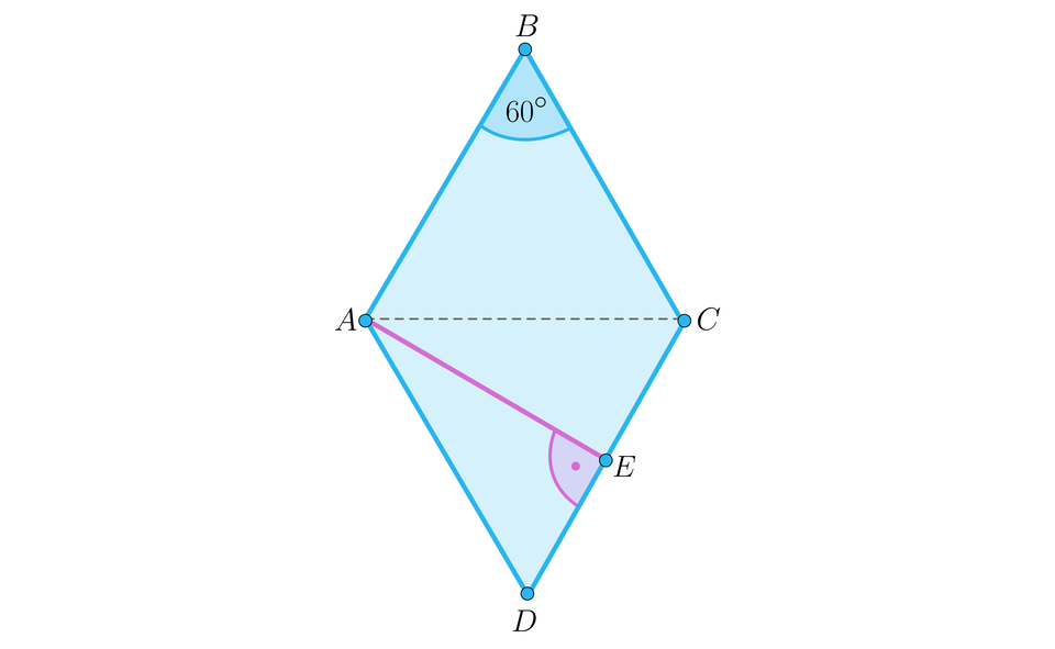 Ilustracja przedstawia romb ABCD. Kąt przy wierzchołku B ma miarę 60 stopni, wysokość upuszczona na bok CD to odcinek AE. 