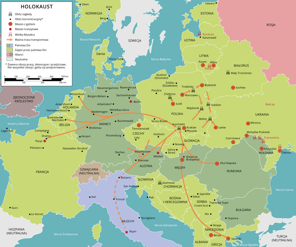 Mapa Europy, na której zaznaczone są: obozy zagłady: Chełmno, Treblinka, Auschwitz, Bełżec, Jesenovac. Obóz koncentracyjny (zawarte są także obozy pracy, detencyjne, przejściowe. Nie wszystkie obozy i getta są zarejestrowane): Vavivara, Kaiserwald, Stutthof (Sztutowo), Soldau (Działdowo), Potulice, Gross- Rosen, Płaszów, Novaky, Vyhne, Sered, Kistarcsa, Lety, Ebensee, Mauthausen, Sajmiste, Topovske Supe, Nis, Dupnica, Skopje, Rab, San Sabba, Servigliano, Ravensbruck, Sachsenhausen, Neuenengmme, Bergen- Balsen, Mittalbau- Dora, Niederhagen, Bauchenwald, Dachau, Flossenburg, Breitenau, Hinzert, Westerbork, Amersfoot, Herzogeanbusch, Breenonk, Mechelen, Natzweiler- Struthof, Asti, Fossoli, Bolzano, Le Vernet, Gurs, Pitiviers, Drancy, Compiegne, Leger Sylt, Serviliano; miasta z gettem: Btola, Saloniki, Kluż- Napoka, Treisienstadt, Łódź, Kraków, Lwów, Warszawa, Czerniwcowe, Kiszyniów, Odessa, Winnica, Łachawa, Wilno, Kauen; miasta tranzytowe: Paryż, Berlin Wiedeń, Rzym. Wielka Masakra: Ponary, Rumbula, Transnistria. Odessa. Ważne trasy transportowe: z Westebork, z Mechelen, Drancy przez Niemcy do Auschwitz. Z Saloniki przez Macedonię, Chorwację do Novaky. Z Kluż- Napoka w Rumunii do Auschwitz. Z Rzymu przez Austrię do Auschwitz. Z Warszawy i Białegostoku do Treblinki. Ze Lwowa do Bełżec i Sobiboru. Państwa Osi: Niemcy, Austria, Węgry, Rumunia, Bułgaria. Tereny zajęte przez Państwa Osi : Norwegia, Dania, Polska, Łotwa, Litwa, Białoruś, Ukraina, Czechy, Słowacja, Słowenia, Chorwacja, Bośnia i Hercegowina, Macedonia, Albania, Grecja, Serbia, Francja, Belgia, Holandia. Alianci: Zjednoczone Królestwo, Szwajcaria (neutralna), Rosja. Neutralne: Szwecja.