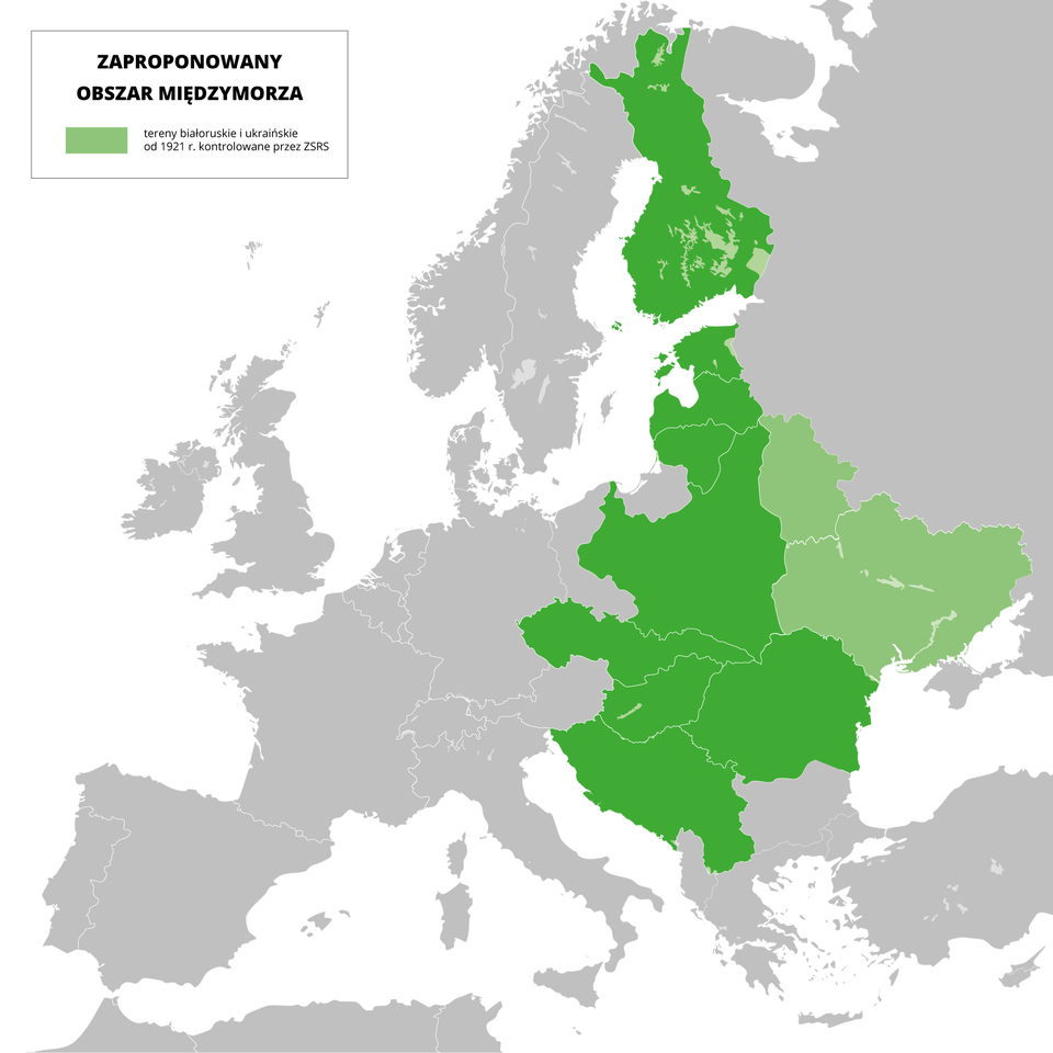 Mapa konturowa Europy z zaznaczonym obszarem proponowanego układu tzw. Międzymorza, obejmującego tereny między morzami Adriatyckim, Bałtyckim a Czarnym, a konkretnie Polskę, Litwę, Łotwę, Estonię, Białoruś, Ukrainę, Czechosłowację, Węgry, Rumunię, Jugosławię oraz ewentualnie Finlandię i Gruzję.  Przy czym tereny białoruskie i ukraińskie od 1921 roku były kontrolowane przez ZSRS. Według zwolenników Międzymorza taki sojusz miał pozwolić uniknąć państwom go tworzącym dominacji Niemiec i Rosji.