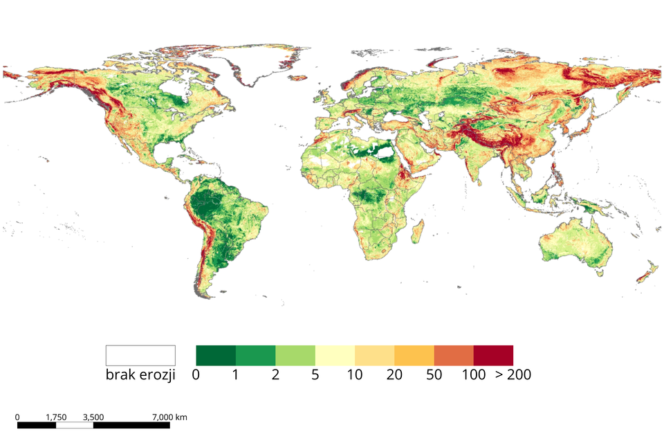 Mapa świata przedstawia straty gleby wskutek erozji wodnej (w tonach na hektar w ciągu roku). Najmniejsze straty są na znacznym obszarze Ameryki Południowej, w rejonie Wielkich Równin w Ameryce Północnej, na południowym wschodzie Stanów Zjednoczonych, w centralnej i północno‑wschodniej Afryce, na znacznym obszarze Europy Wschodniej, w centrum Rosji, na wschodzie Chin, na Wyżynie Tybetańskiej, na południu Australii, północna i centralna część Kanady. Wartość najwyższa - od 100 do 200 ton na hektar w ciągu roku: to głównie obszary górskie - Andy, Himalaje, Alpy, Kordyliery, północno‑wschodnia Azja.   