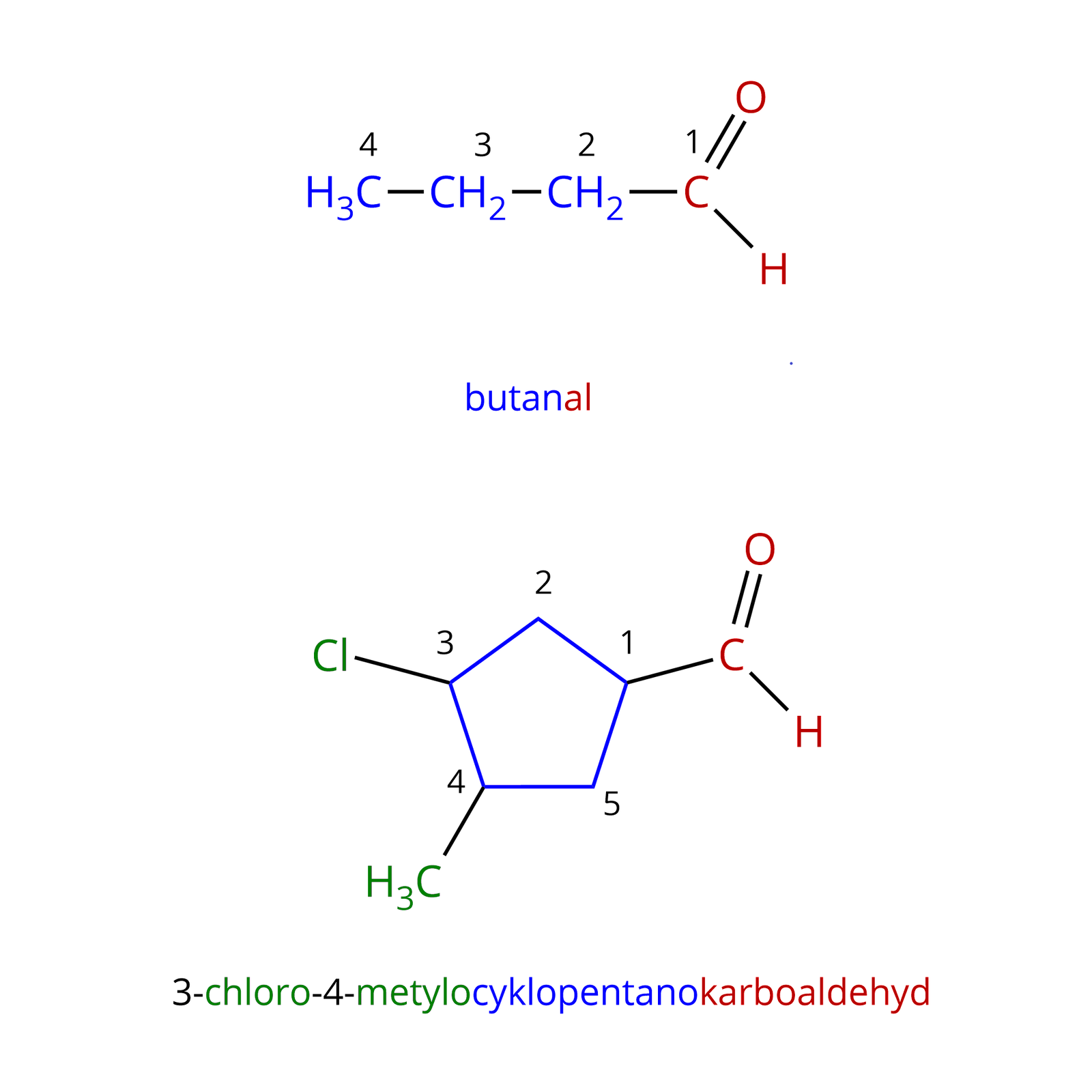 Ilustracja przedstawia wzory dwóch aldehydów, aldehydu A. czyli butanalu oraz aldehydu B. to jest 3-chloro-4-metylocyklopentanokarboaldehydu. Aldehyd A. zbudowany jest z atomu węgla połączonego za pomocą wiązania podwójnego z atomem tlenu oraz za pomocą wiązań pojedynczych z atomem wodoru oraz z grupą metylenową CH2 związaną z kolejną grupą metylenową CH2, która to łączy się z grupą metylową CH3. Aldehyd B. Zbudowany jest z pięcioczłonowego pierścienia nasyconego złożonego z pięciu atomów węgla, z których dwa podstawione są atomami wodoru, a trzy innymi podstawnikami. I tak, idąc zgodnie z ruchem wskazówek zegara pierwszy atom węgla w pierścieniu łączy się z grupą metylową CH3 oraz z sąsiadującym atomem węgla podstawionym atomem chloru. Atom węgla podstawiony atomem chloru łączy się z atomem węgla w pierścieniu podstawionym jedynie atomami wodoru, a ten z kolei związany jest z atomem węgla podstawionym grupą aldehydową CHO.