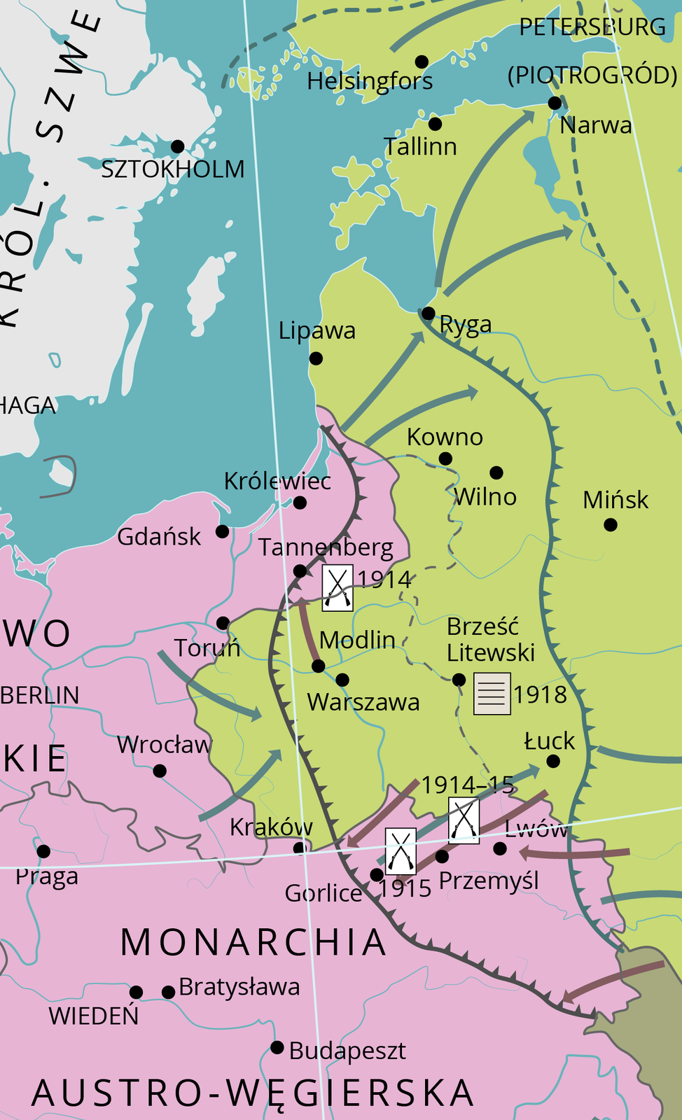 Mapa przedstawia Monarchię Austro- Węgierską, Królestwo Szwecji. zaznaczono miejsca ważniejszych bitew: 1914 Tannenberg, 1914-15 Lwów, 1915 Gorlice. Podpisanie traktatu 1918 Brześć Litewska. 