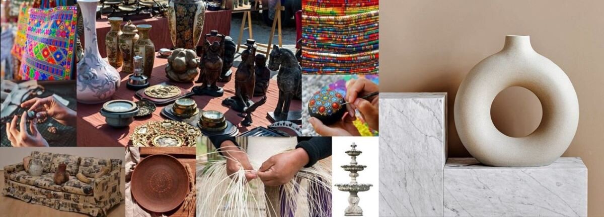 Ilustracja jest fotomontażem dziewięciu fotografii przedstawiających różnorodne dzieła rzemiosła artystycznego, np.: naczynia ceramiczne, tkaniny, biżuteria, drobne figurki. Niektóre fotografie przedstawiają przedmioty podczas ich tworzenia. Znajdują się na nich ręce podczas wykonywania wyplatania kosza z wikliny oraz malowania szkatułki. Na zdjęciu z prawej strony znajduje się przykład wzornictwa przemysłowego: wazon w kształcie koła ze zwężającą się szyjką. Wazon wystaje ponad pionowo ułożony blok, wygląda jakby był wygięty z grubej rury, otwartej na górze. Wazon stoi poziomym kamiennym bloku w kształcie prostopadłościanu. Drugi taki sam blok jest ustawiony w pionie i jest styczny do poziomego.