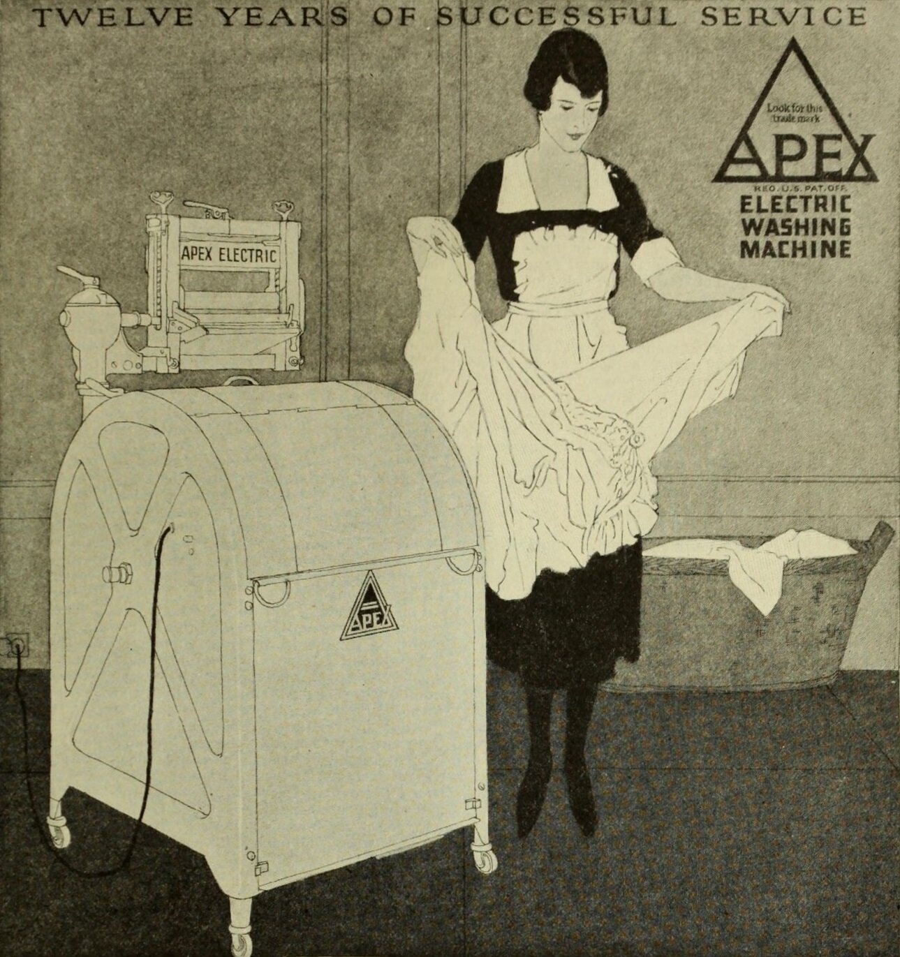 Ilustracja przedstawia młodą kobietę w fartuchu, która robi pranie przy użyciu stojącej obok specjalnej maszyny.