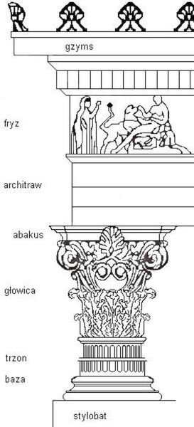 Czarno‑biała grafika przedstawia schemat kolumny. Na rysunku zaznaczono i opisano poszczególne elementy kolumny: stylobat, baza, trzon, głowica, abakus, architraw, fryz, gzyms.