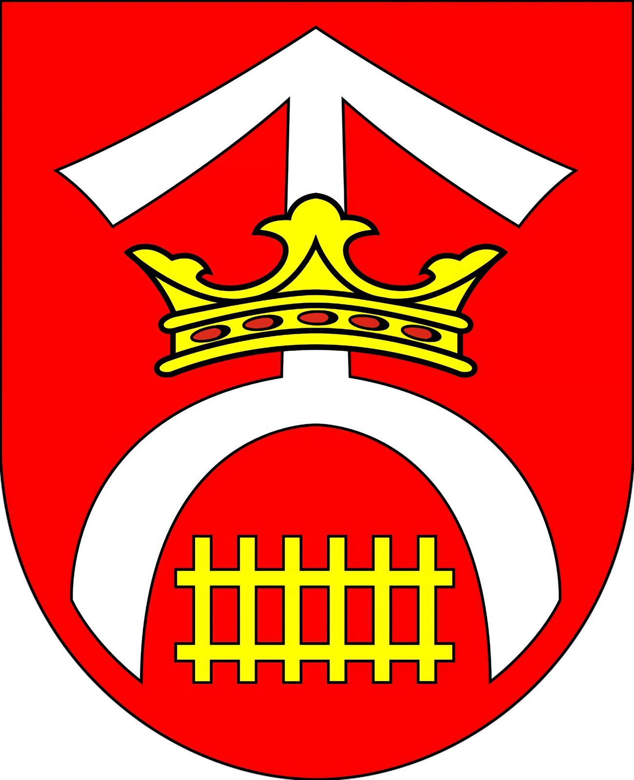 Ilustracja przedstawia czerwony herb na białym tle. W herbie widoczna jest biała strzała skierowana ku górze, która umieszczona została na półokręgu. Na strzale znajduje się żółta korona z trzema szczytami. Pod półokręgiem widoczny jest żółty fragment płotu.