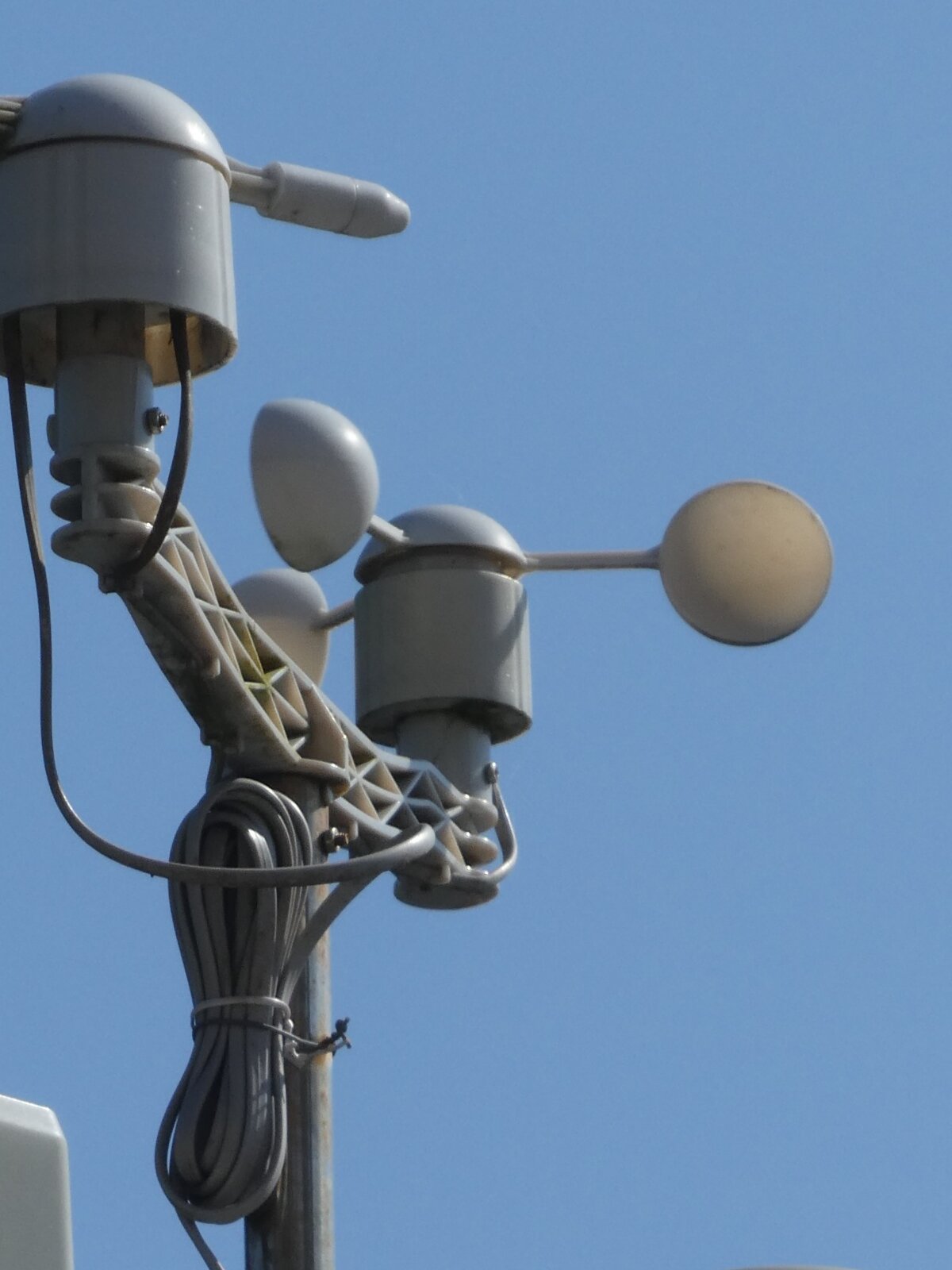 Ilustracja przedstawia anemometry na tle nieba. Na słupie widoczne są dwa urządzenia w niewielkiej odległości od siebie. Urządzenie składa się z trzech małych łopatek, które obracają się w wyniku działania wiatru. Znajdują się one wokół górnej części korpusu anemometru. Korpus anemometru jest w kształcie cylindra z zaokrągloną górą.