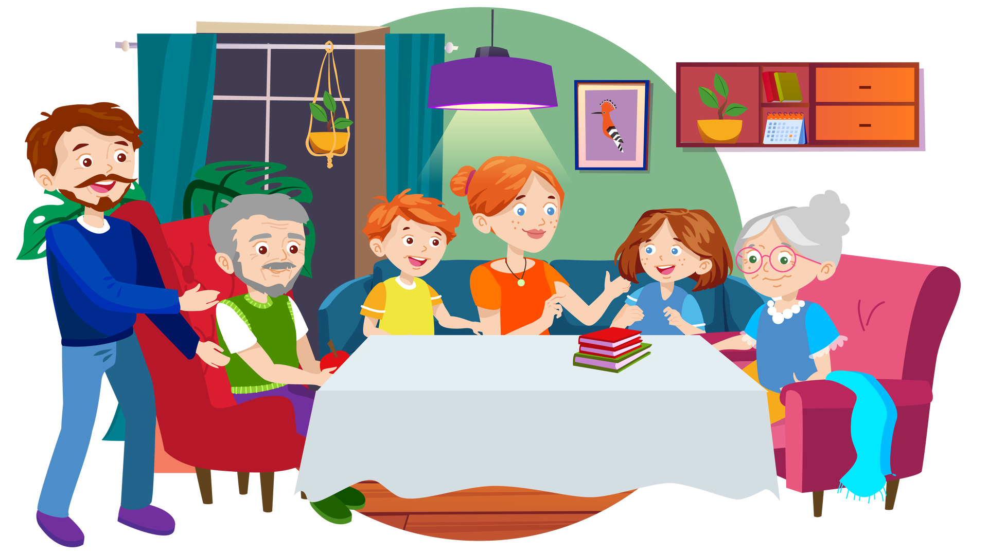 Ilustracja przedstawia salon w domu babci i dziadka Franka i Mai. W tle widać zieloną ścianę, na której wisi obrazek w granatowej ramce. Przedstawia dudka na fioletowym tle. Jest to pomarańczowy ptak, który ma czarno‑białe skrzydła oraz czubek. Obok, po prawej stronie, wisi brązowa szafka z trzema półkami i dwiema jasnobrązowymi szufladami. Na półkach znajdują się następujące przedmioty: zielona roślina w ciemnożółtej donicy, dwie książki, jedna w czerwonej okładce, a druga w jasnozielonej, oraz czerwono‑niebieski kalendarz biurkowy. Po lewej stronie znajduje się duże okno, za którym widać granatowe nocne niebo. Nad oknem jest srebrny karnisz z dwiema ciemnoturkusowymi zasłonami po bokach. Na środku karnisza zawieszono ciemnożółtą donicę z zieloną rośliną. Obok okna stoi na podłodze duża zielona roślina w donicy koloru łososiowego. Na środku pomieszczenia jest duży prostokątny stół nakryty białym obrusem. Są na nim trzy książki ułożone jedna na drugiej. Pierwsze dwie mają czerwone okładki, a okładka trzeciej jest zielona. Po lewej stronie stołu stoi czerwony fotel, na którym siedzi dziadek Franka i Mai. Jest ubrany w białą koszulkę z krótkimi rękawami, zieloną kamizelkę, długie fioletowe spodnie i ciemnozielone buty. Obok fotela stoi tata Franka i Mai. Jest ubrany w granatową bluzę z długimi rękawami, długie niebieskie spodnie i fioletowe buty. Za stołem znajduje się ciemnoniebieska kanapa. Siedzą na nim od lewej Franek, mama i Maja. Franek jest ubrany w żółtą koszulkę z krótkimi, pomarańczowymi rękawami, mama w pomarańczową koszulkę z krótkimi rękawami, a Maja w niebieską koszulkę z krótkimi błękitnymi, rękawami. Na szyi mamy widać wisiorek. Po prawej stronie stołu stoi różowa kanapa, na której siedzi babcia. Jest ubrana w niebieską bluzkę z krótkimi, błękitnymi rękawami zakończonymi delikatnymi falbankami i pomarańczową spódnicę. Na nosie ma okulary w okrągłych ciemnoróżowych oprawkach, a na szyi białe korale. Na oparciu fotela znajduje się błękitny koc.