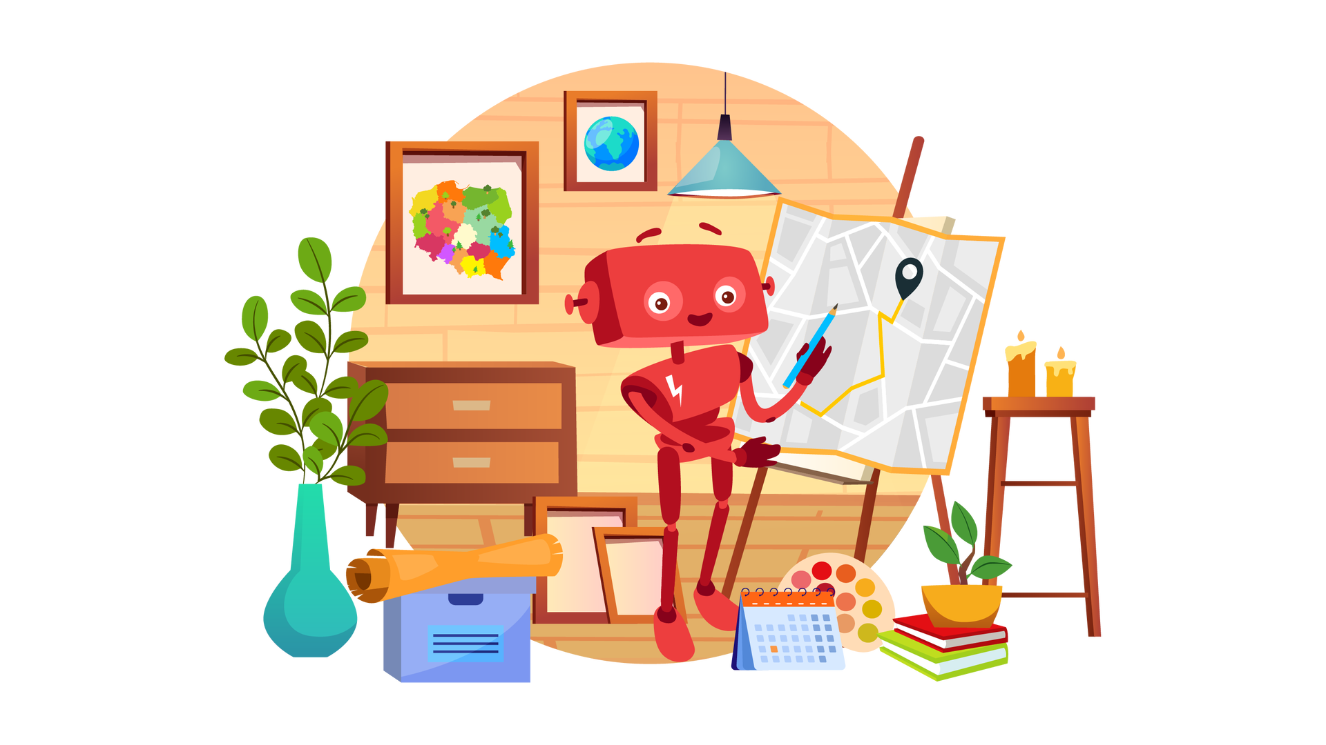 Ilustracja przedstawia pomieszczenie w domu. W tle widać bladopomarańczową ścianę, na której wiszą dwa obrazki w brązowych ramkach. Pierwszy z nich przedstawia mapę Polski z województwami zaznaczonymi różnymi kolorami, a drugi kulę ziemską. Poniżej stoi brązowa szafka z dwiema szufladami. Z sufitu zwisa włączona turkusowa lampa. Po lewej stronie pomieszczenia stoją na podłodze: trzy gałązki z licznymi, zielonymi listkami w wysokim turkusowym wazonie, niebieskie pudełko z pokrywką, na której leży zwinięta mapa, dwie puste brązowe ramki, kołowy kalendarz biurkowy, paleta z kolorowymi farbami, zielona roślina w żółtej doniczce na stosie dwóch książek oraz wysoki, brązowy stolik z ustawionymi na nim dwiema zapalonymi, pomarańczowymi świecami. Na lewo od stolika znajduje się brązowa sztaluga, na której jest rozłożona szara mapa. Czarnym symbolem oznaczono na niej punkt docelowy, do którego prowadzi, wzdłuż dróg, pomarańczowa linia. Przy mapie stoi uśmiechnięty Zgrzytek. Spogląda na nią, a w lewej dłoni trzyma skierowany w jej stronę niebieski ołówek.