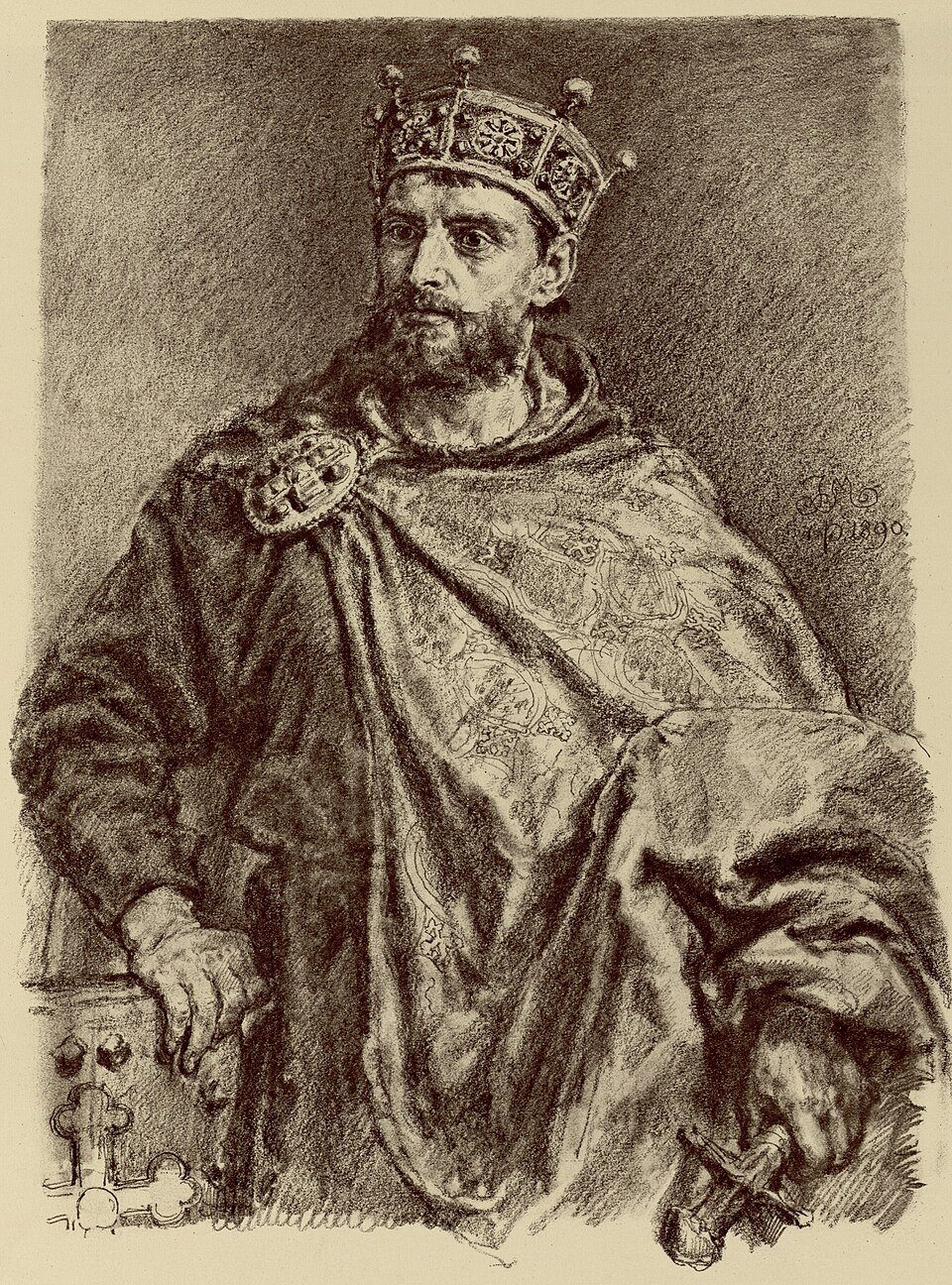 Ilustracja przedstawia postać dojrzałego mężczyzny z brodą i wąsami, z koroną otwartą o wzorach lotaryńskich na głowie. Mężczyzna ubrany jest w tunikę o wzorach bizantyjskich i takiż płaszcz spięty na prawym ramieniu klejnotem. Prawa dłoń władcy oparta jest na postumencie, a lewa trzyma rękojeść miecza. Wzrok władcy kieruje się w lewą stronę.