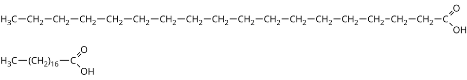 Na ilustracji ukazano dwa wzory grupowe, jeden pod drugim. Pierwszy wzór składa się z grupy H indeks dolny, trzy, koniec indeksu dolnego, C, od której odchodzi wiązanie pojedyncze w prawo do grupy C H indeks dolny, dwa, koniec indeksu dolnego. Dalej znajduje się jeszcze piętnaście grup C H indeks dolny, dwa, koniec indeksu dolnego połączonych wiązaniami pojedynczymi. Od ostatniej z nich odchodzi wiązanie pojedyncze w prawo do atomu węgla C. Od niego odchodzą dwa wiązania: podwójne na ukos w górę do atomu tlenu O i pojedyncze na ukos w dół do grupy O H. Drugi wzór zbudowany jest z grupy H3C, od której odchodzi wiązanie pojedyncze w prawo do grupy nawias, C H indeks dolny, dwa, koniec indeksu dolnego, zamknięcie nawiasu, indeks dolny, szesnaście, koniec indeksu dolnego. Od niej odchodzi wiązanie pojedyncze w prawo do atomu węgla C, od którego odchodzą dwa wiązania: podwójne na ukos w górę do atomu tlenu O i pojedyncze na ukos w dół do grupy O H.